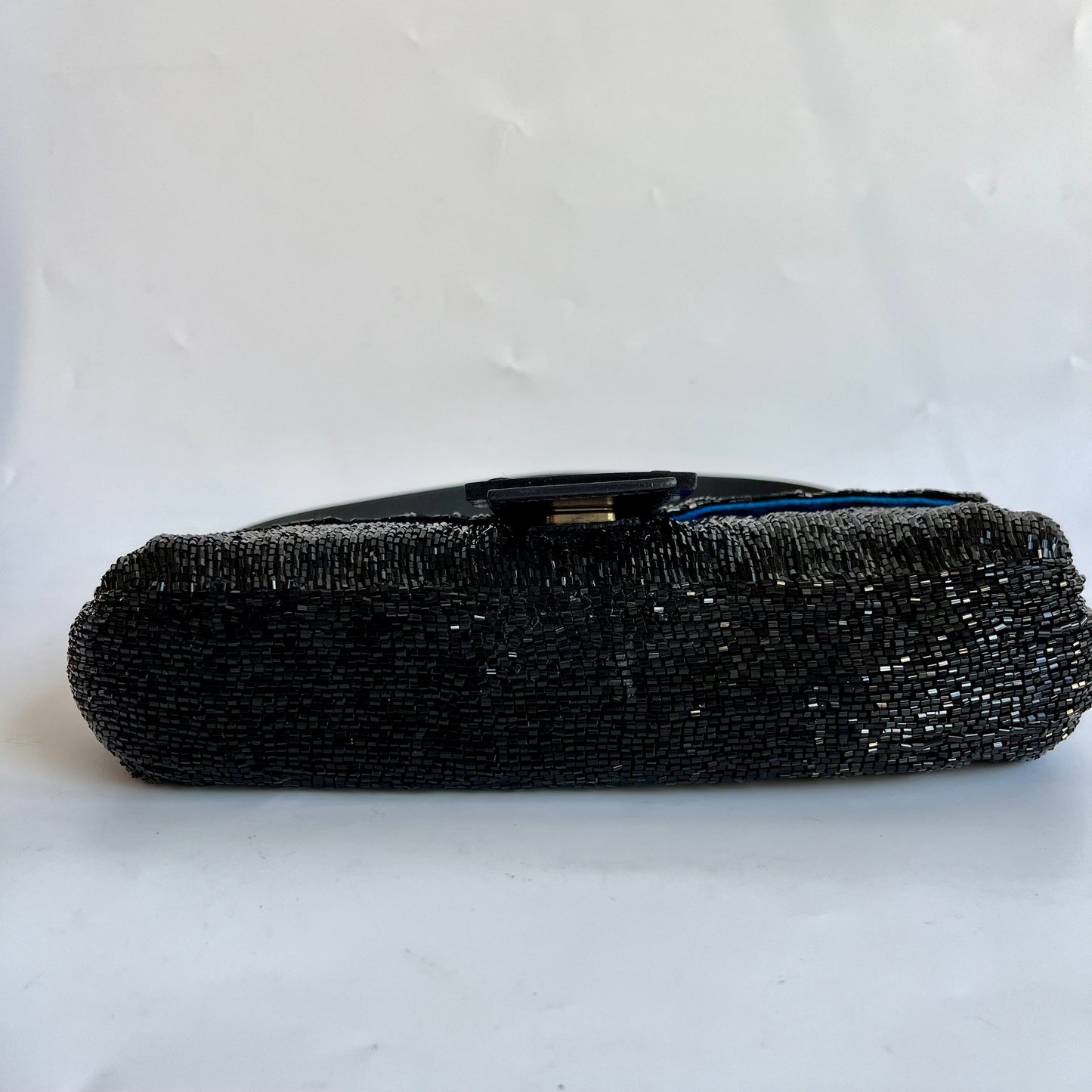 Fendi Baguette Black Glitter Beads Shoulder Bag Blue Silk Interior