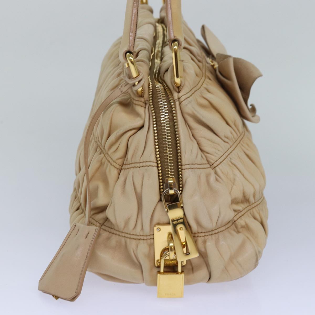 PRADA Hand Bag Nylon Beige Gold Auth