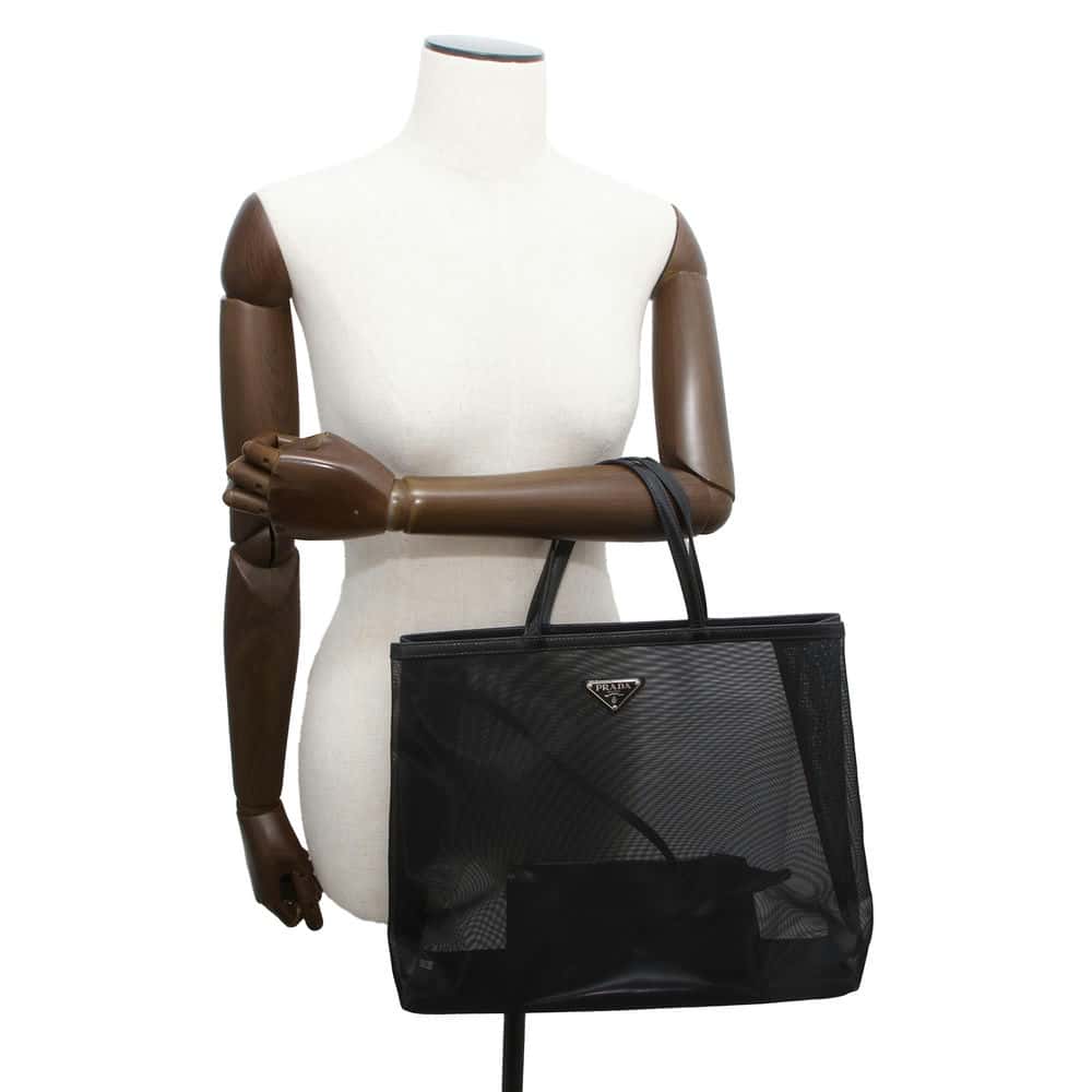 PRADA Triangle Logo Mesh Shopping Bag Tote Bag Black Mesh Leather
