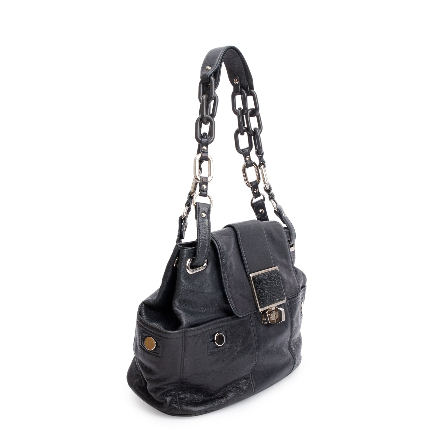 Balenciaga Black Goatskin Leather Stingray Cherche Chain-Link Shoulder Bag