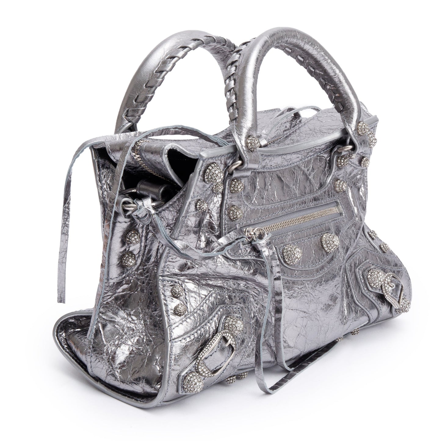 Balenciaga Silver Metallic Arena Leather Crystal Neo Cagole XS City Bag