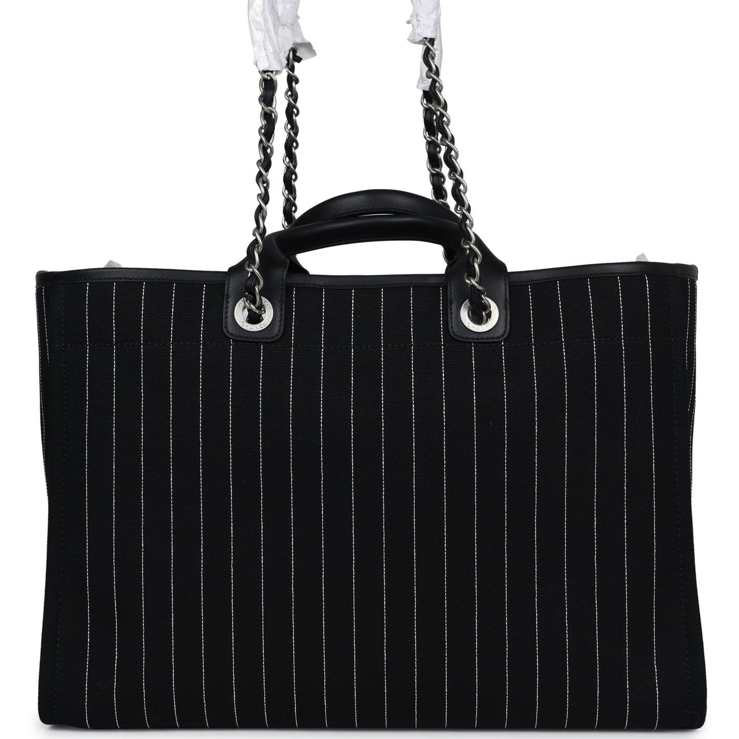 Chanel Large Deauville Shopping Tote Black and White Striped Canvas Silver Hardware