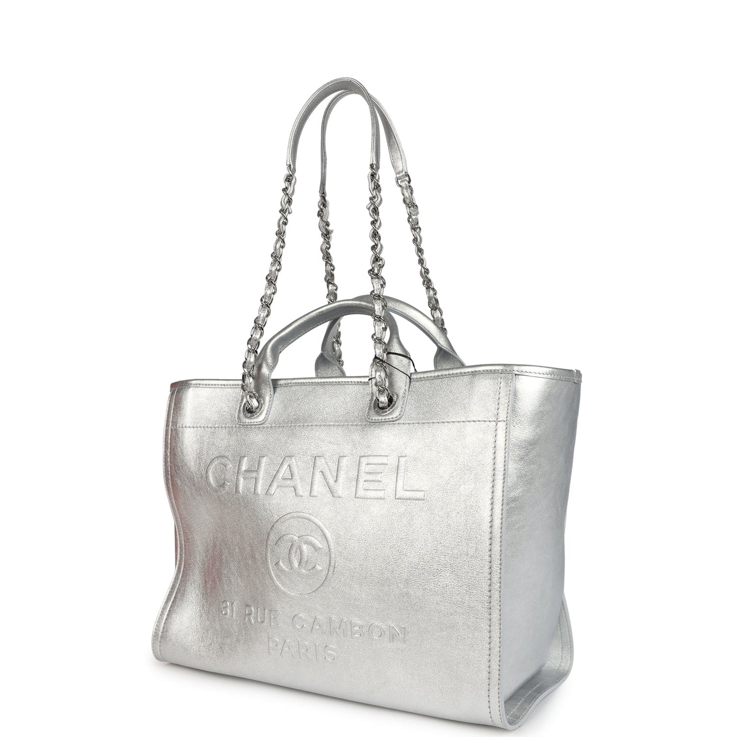 Chanel Medium Deauville Shopping Tote Metallic Silver Shiny Calfskin Silver Hardware