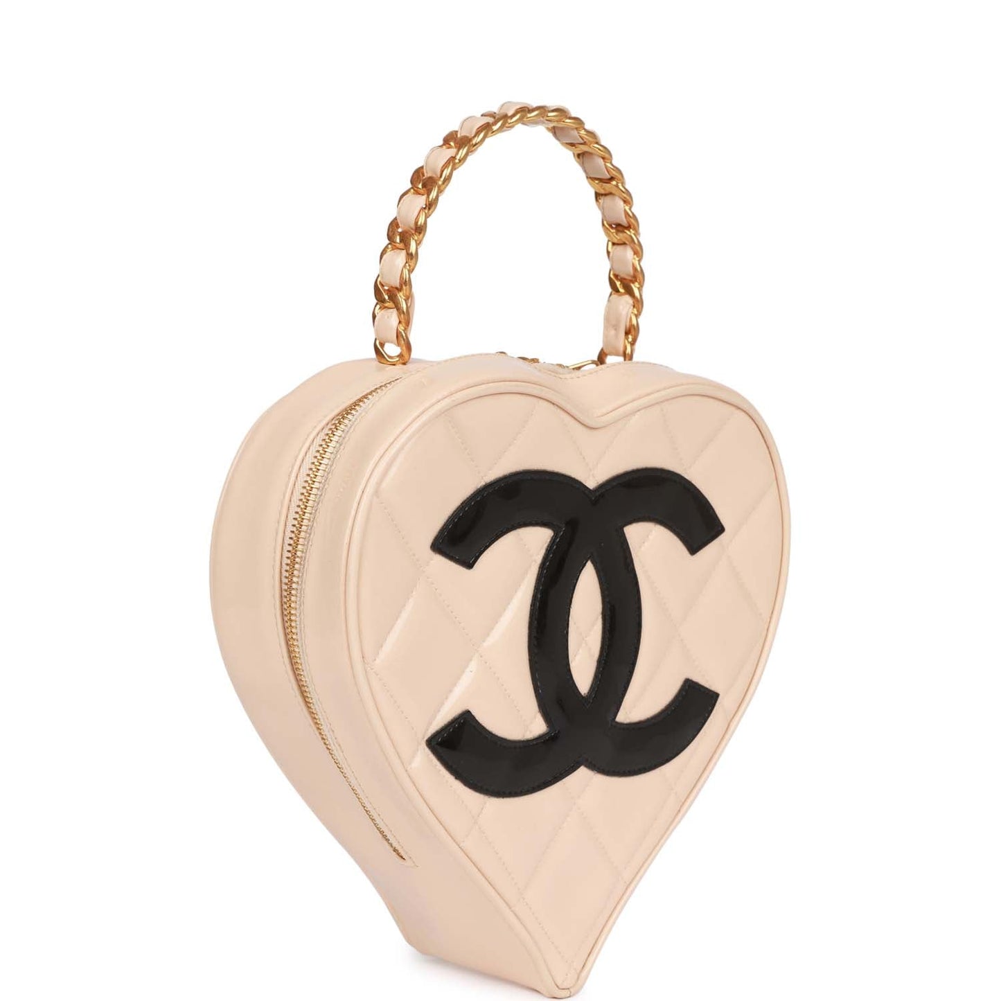 Chanel Heart Vanity Bag Beige and Black Patent Antique Gold Hardware