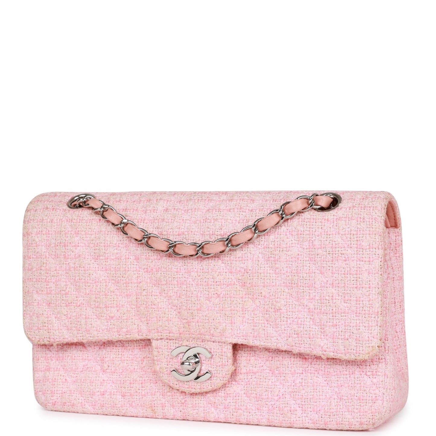 Chanel Medium Classic Double Flap Bag Pink Tweed Silver Hardware