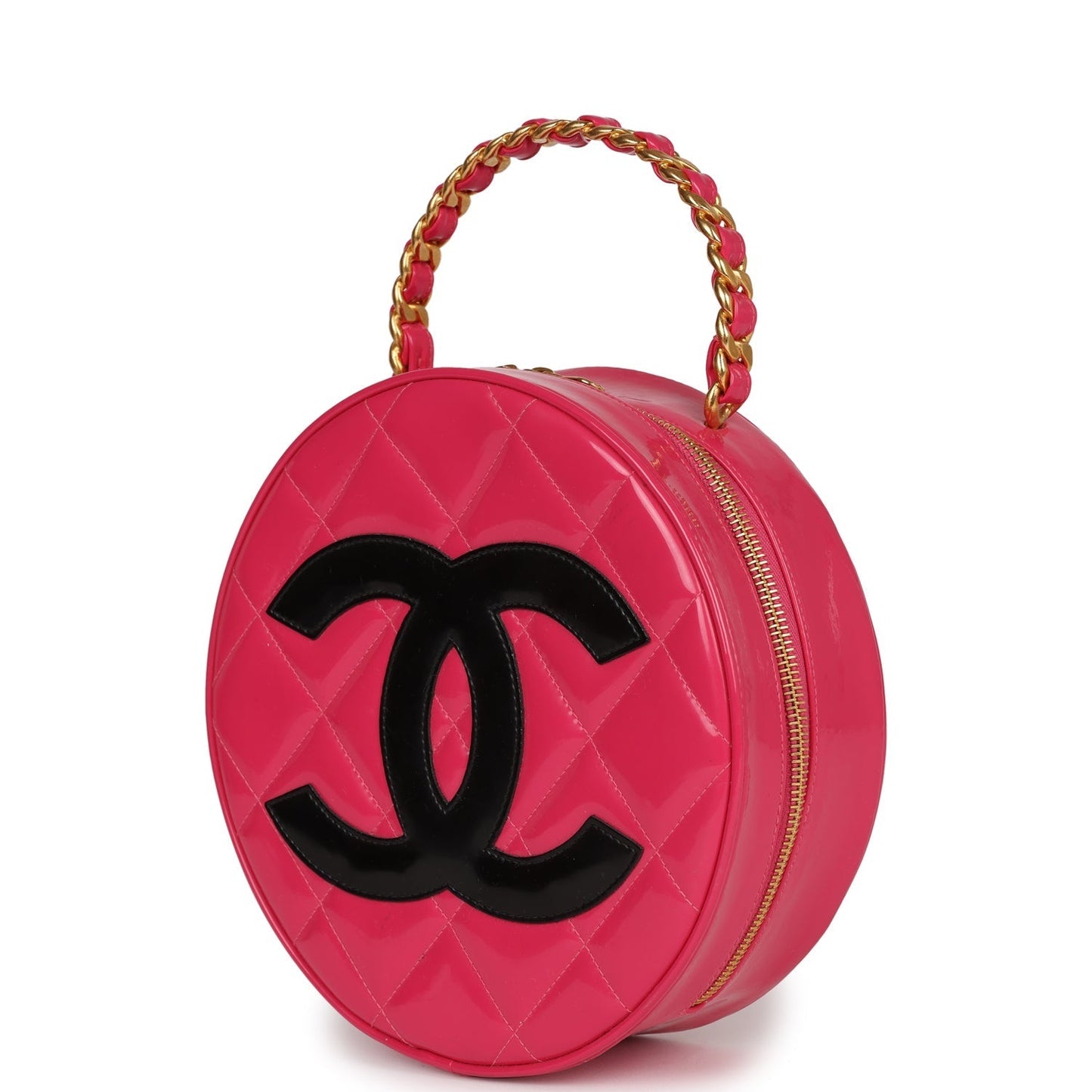 Chanel Round Vanity Bag Pink and Black Patent Leather Antique Gold Hardware