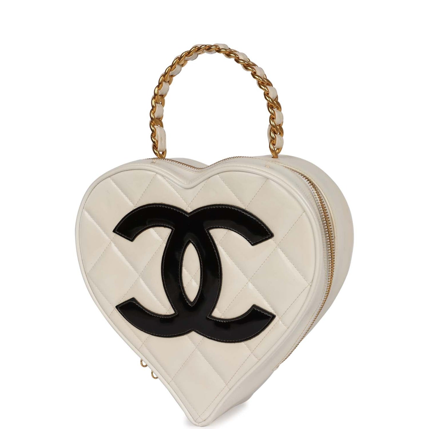 Chanel Heart Vanity Bag White and Black Patent Antique Gold Hardware