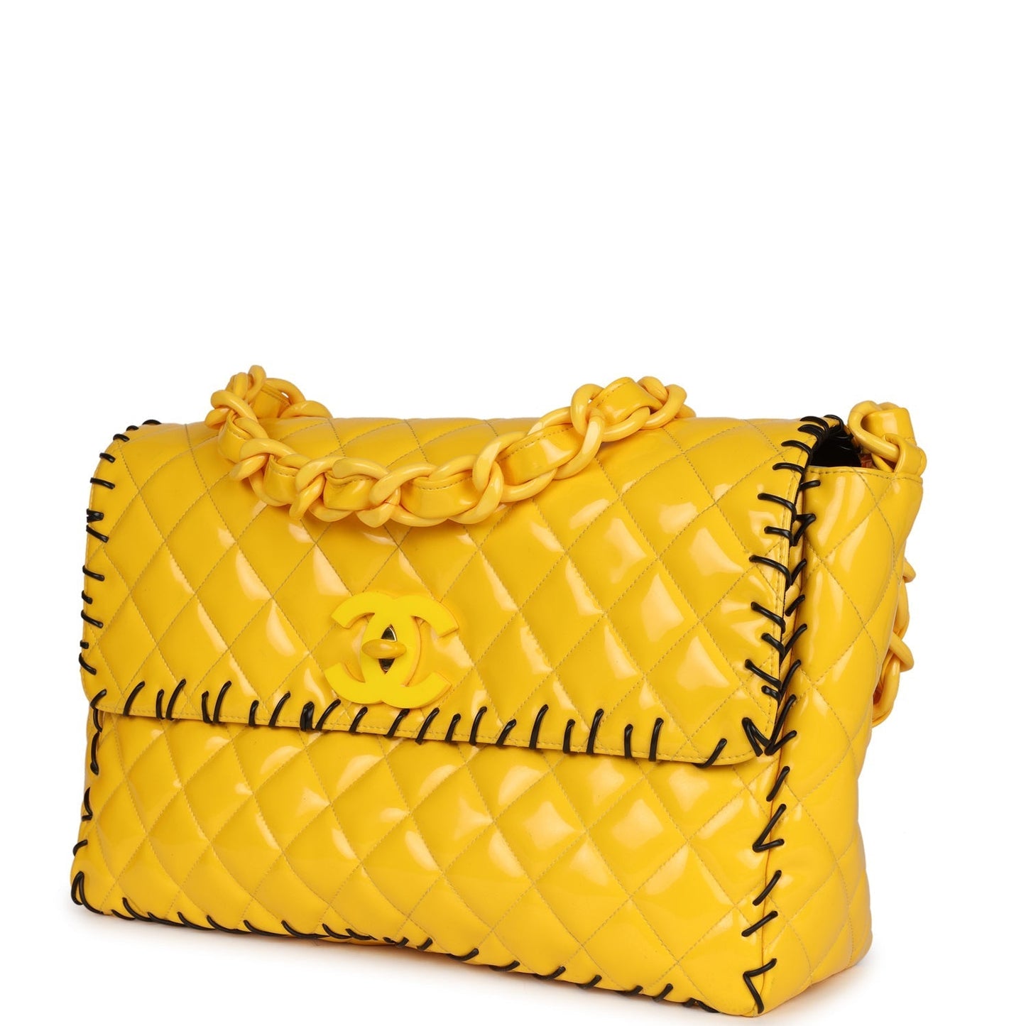 Chanel XL Jumbo Stitch Flap Bag Yellow Patent Leather Yellow Acrylic Hardware