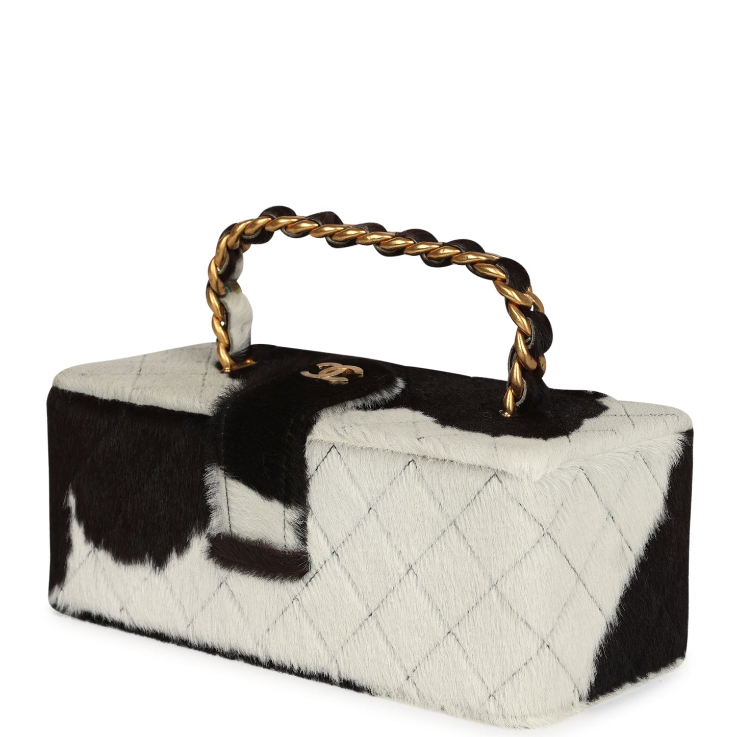 Chanel Rectangular Vanity Box Brown and White Cow Print Pony Hair Antique Gold Hardware