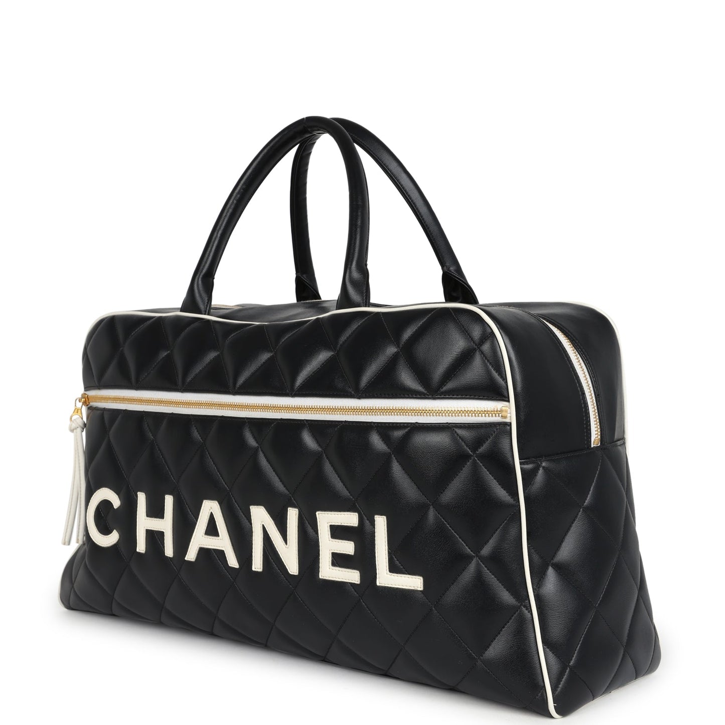 Chanel Large Logo Boston Bag Black and White Calfskin Gold Hardware