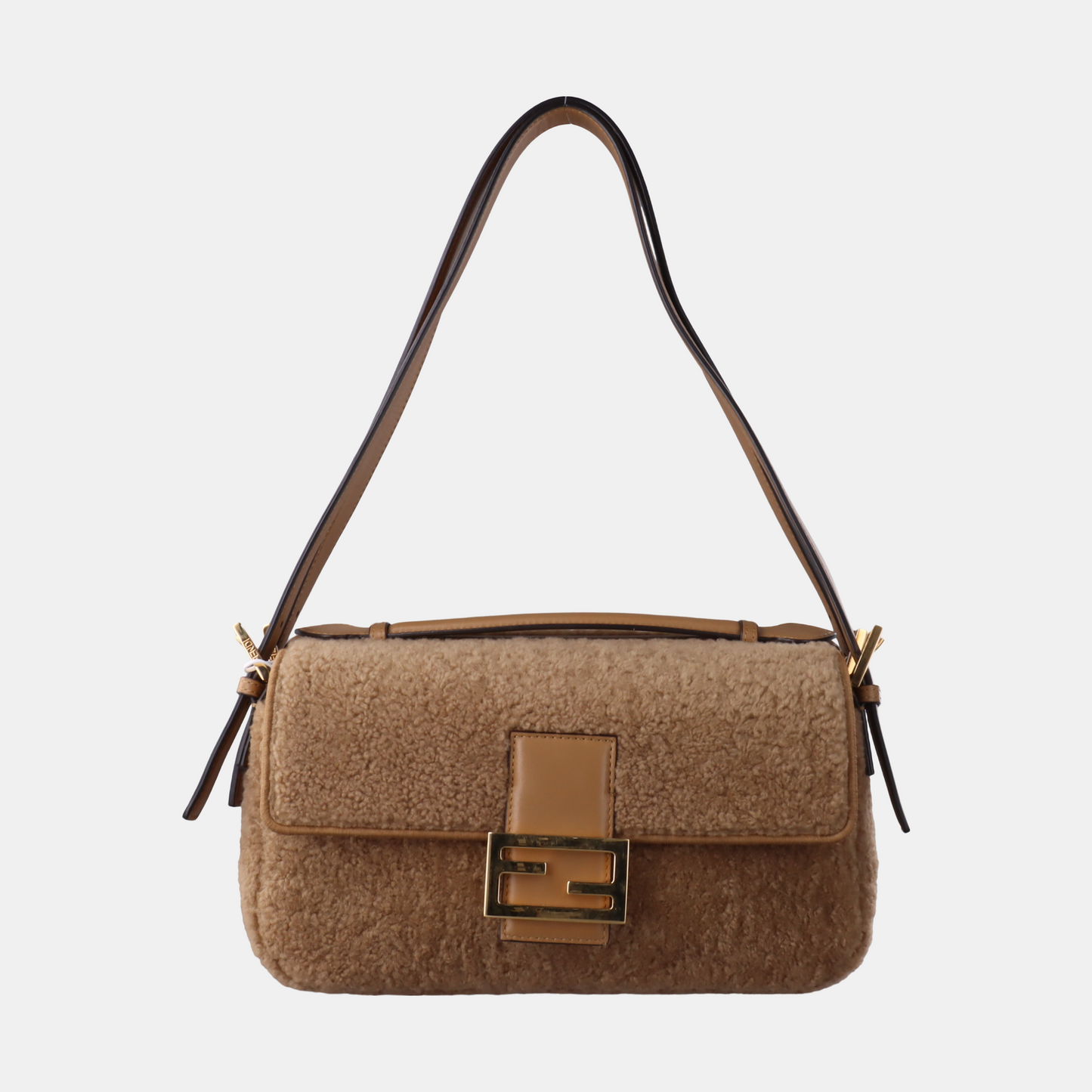Fendi Baguette Medium Double Sided Shearling Light Beige Brown Shoulder Bag