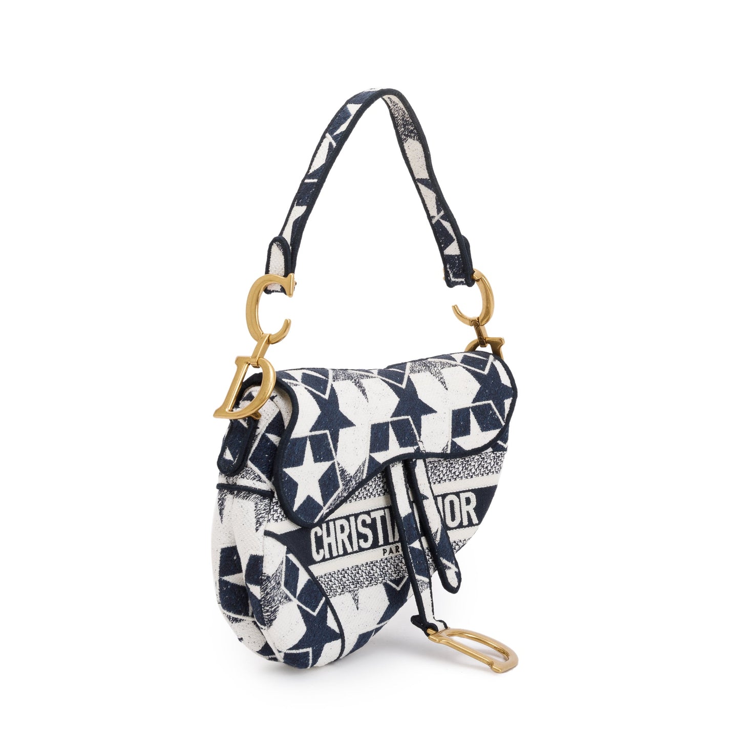 Christian Dior 2021 Navy & White Stars Embroidered Medium Saddle Bag