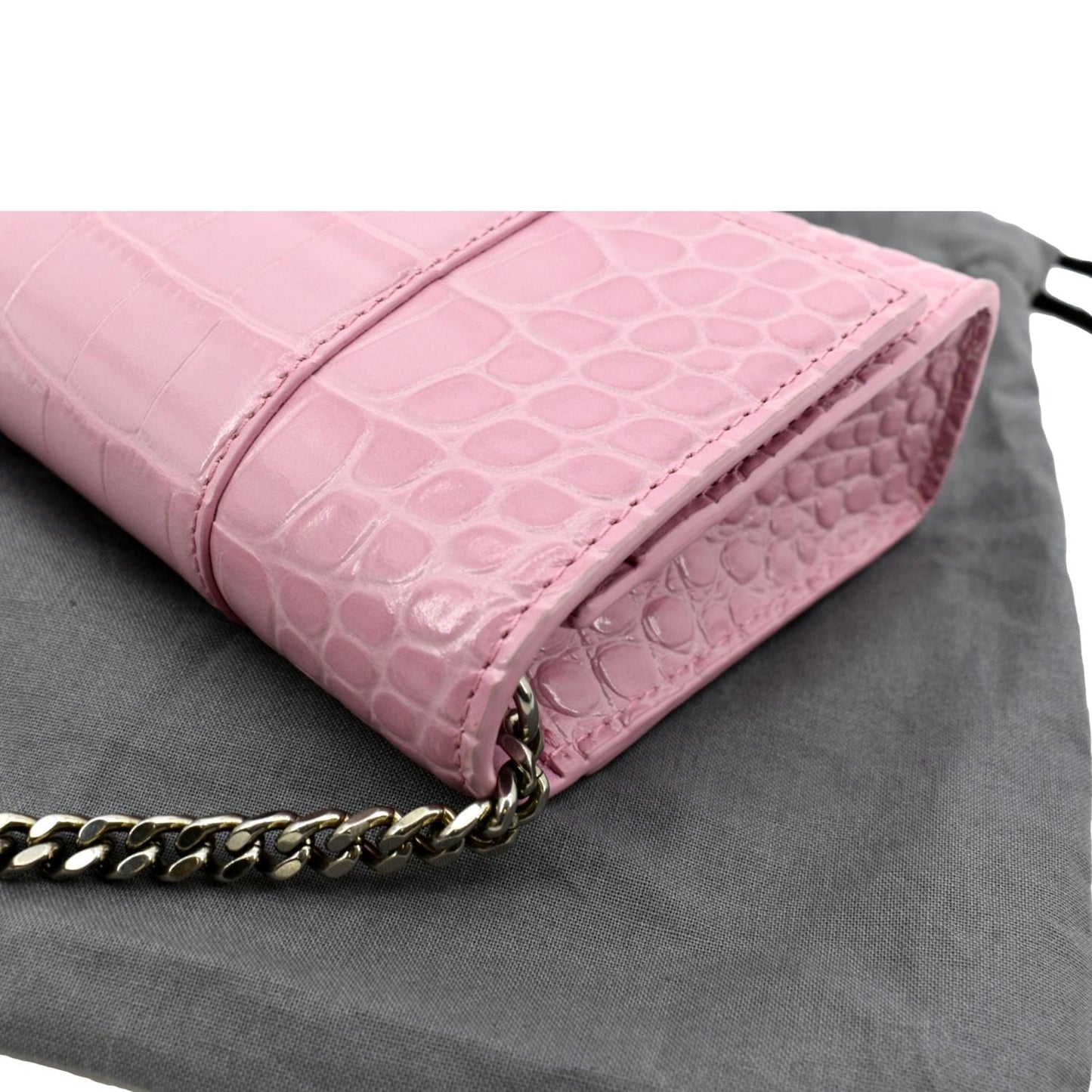 BALENCIAGA Hourglass Crocodile Embossed Chain Wallet Pink