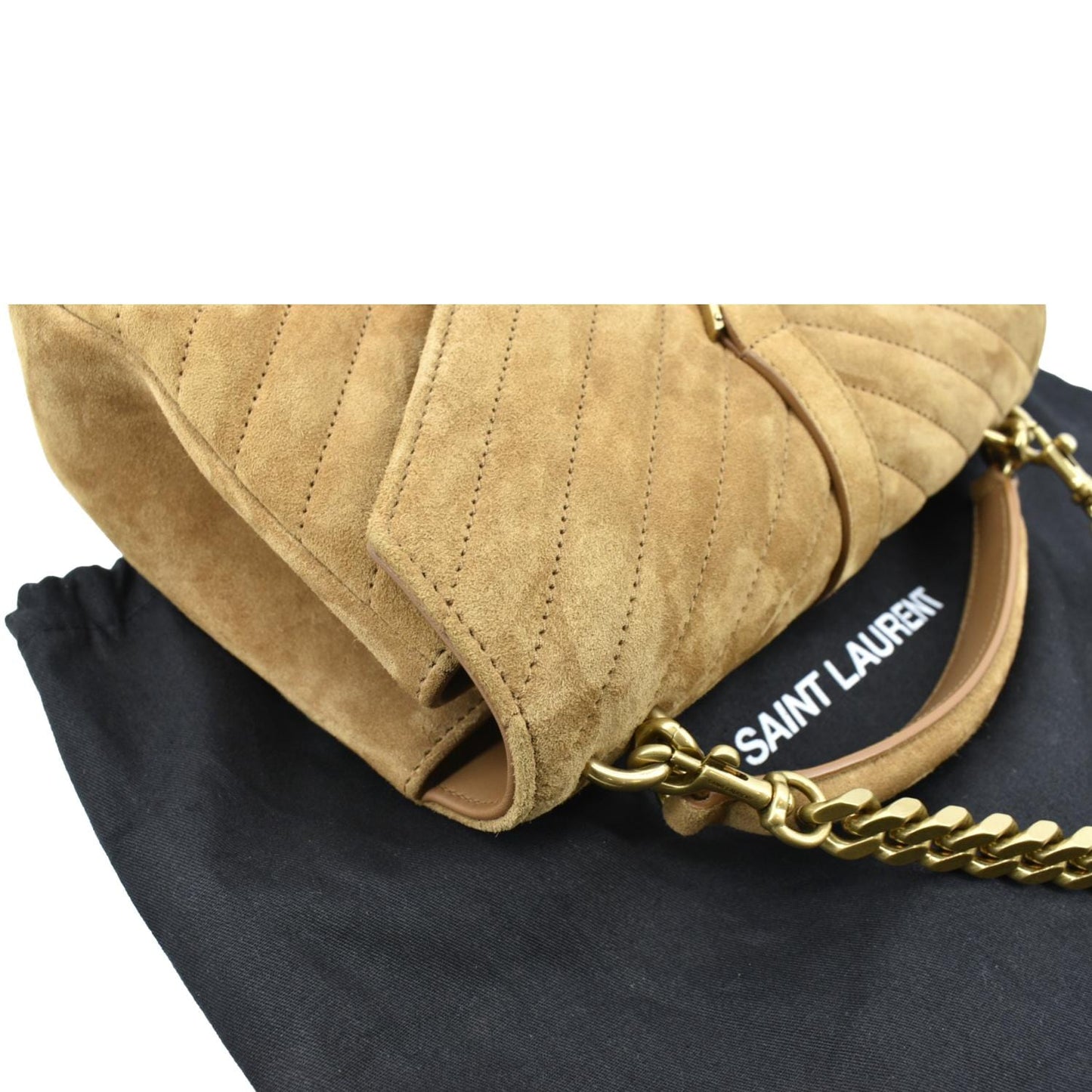 SAINT LAURENT College Chevron Suede Shoulder Chain Bag Camel
