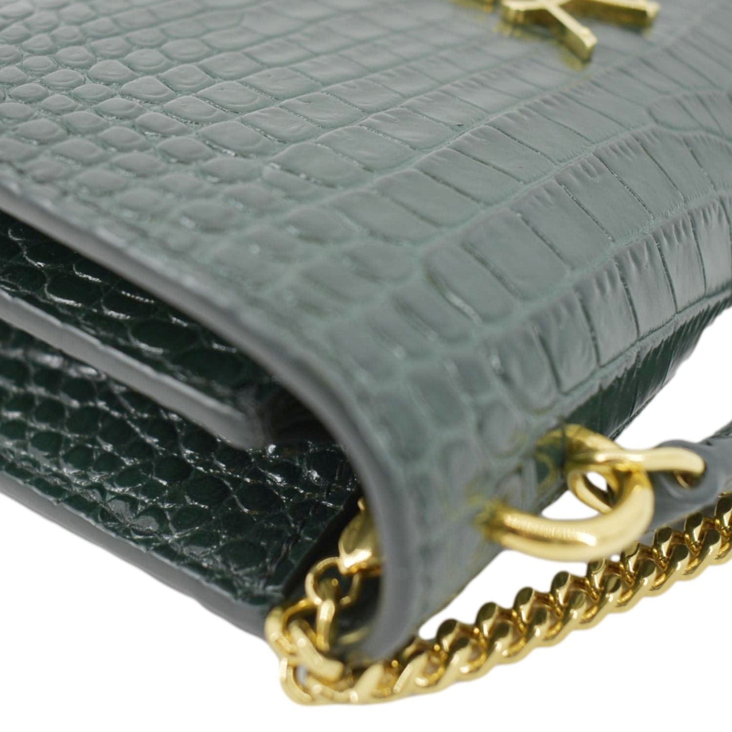 SAINT LAURENT Sunset Crocodile Embossed Leather Crossbody Bag Green