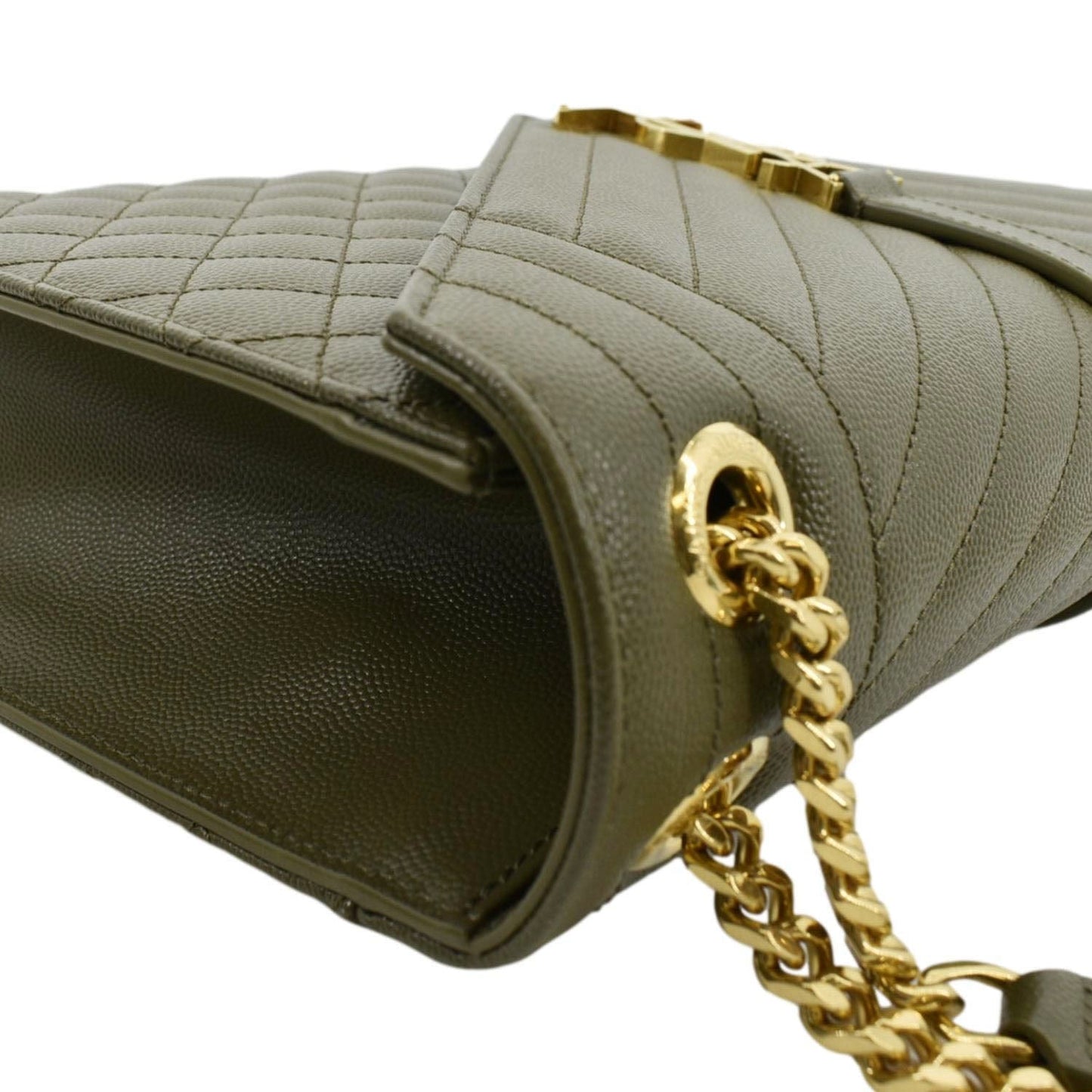 SAINT LAURENT Large Envelope Flap Matelasse Leather Shoulder Bag Khaki Green