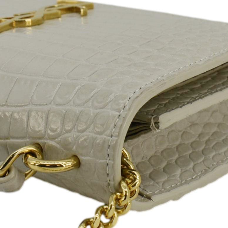 SAINT LAURENT Sunset Crocodile Embossed Leather Crossbody Bag Ivory