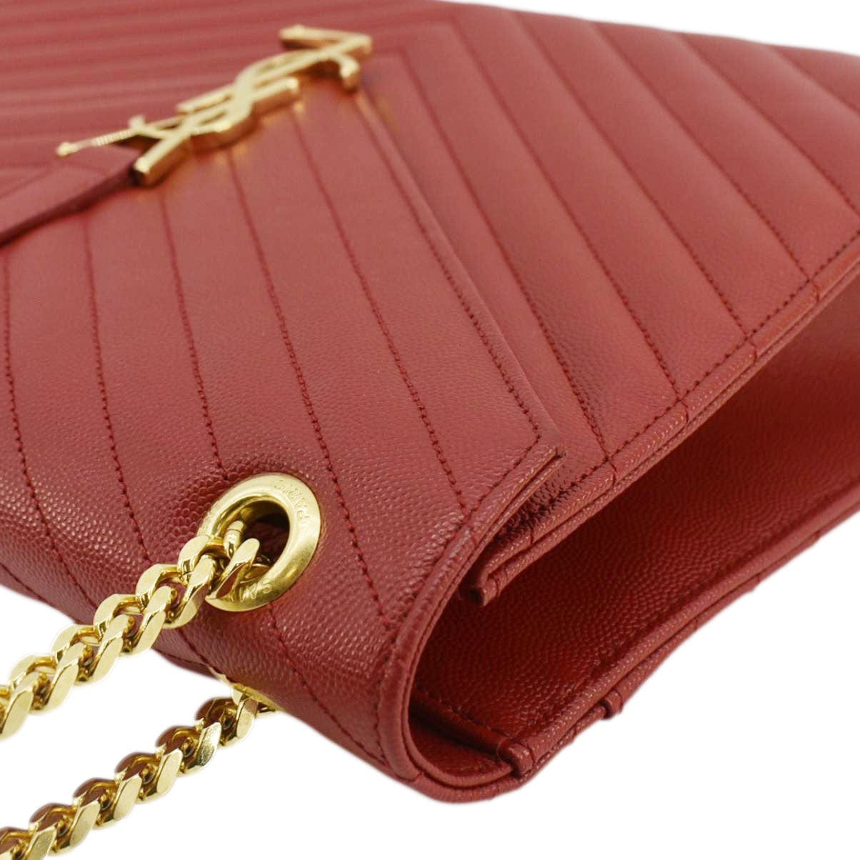 SAINT LAURENT Large Envelope Chevron Quilted Leather Chain Shoulder Bag Red