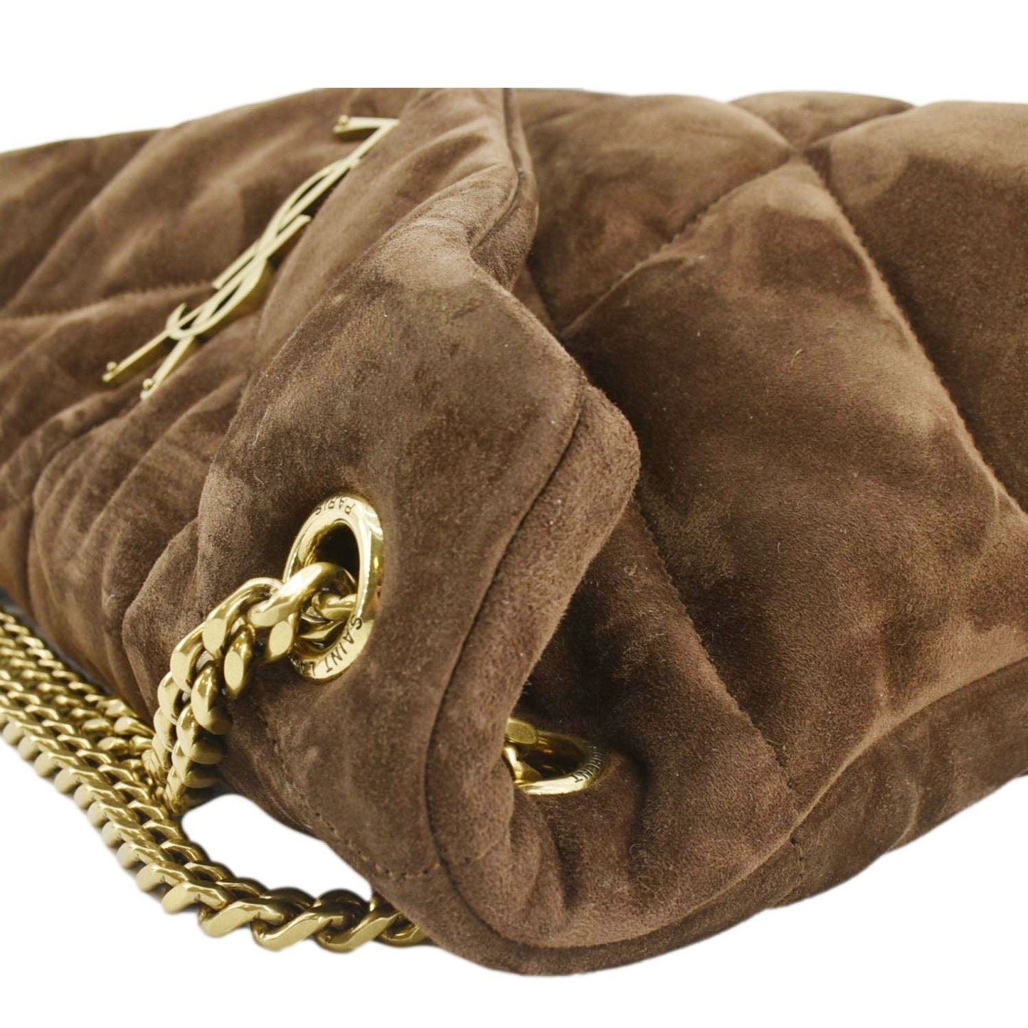 SAINT LAURENT Loulou Puffer Quilted Suede Chain Shoulder Bag Brown