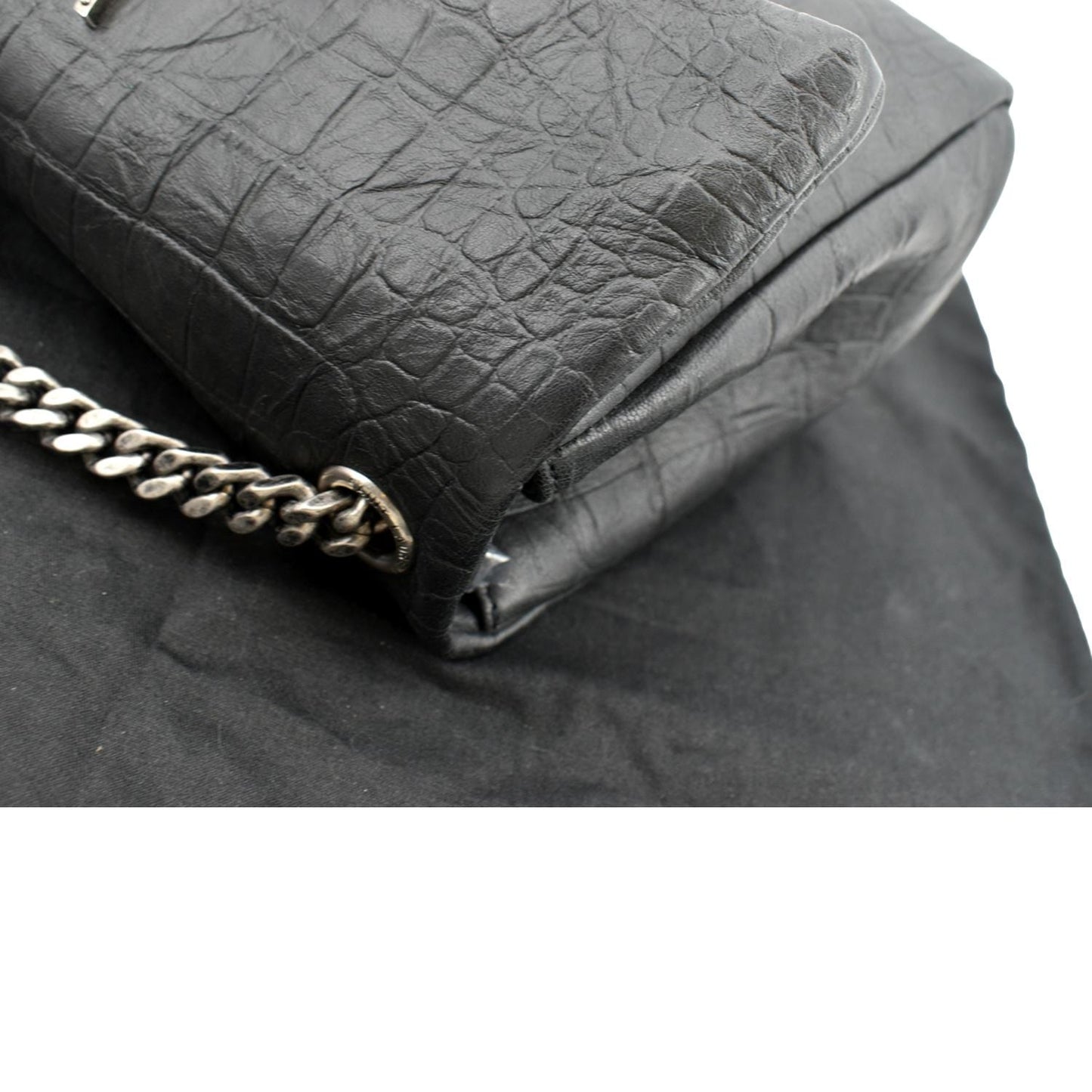 SAINT LAURENT West Hollywood Fold-Over Croc Embossed Crossbody Bag Black