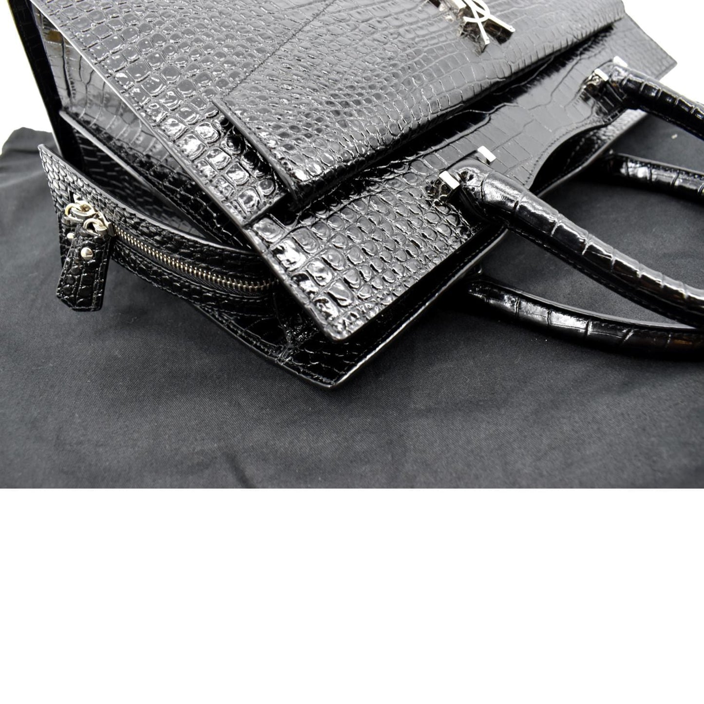 SAINT LAURENT Uptown Crocodile Calfskin Embossed Tote Bag Black