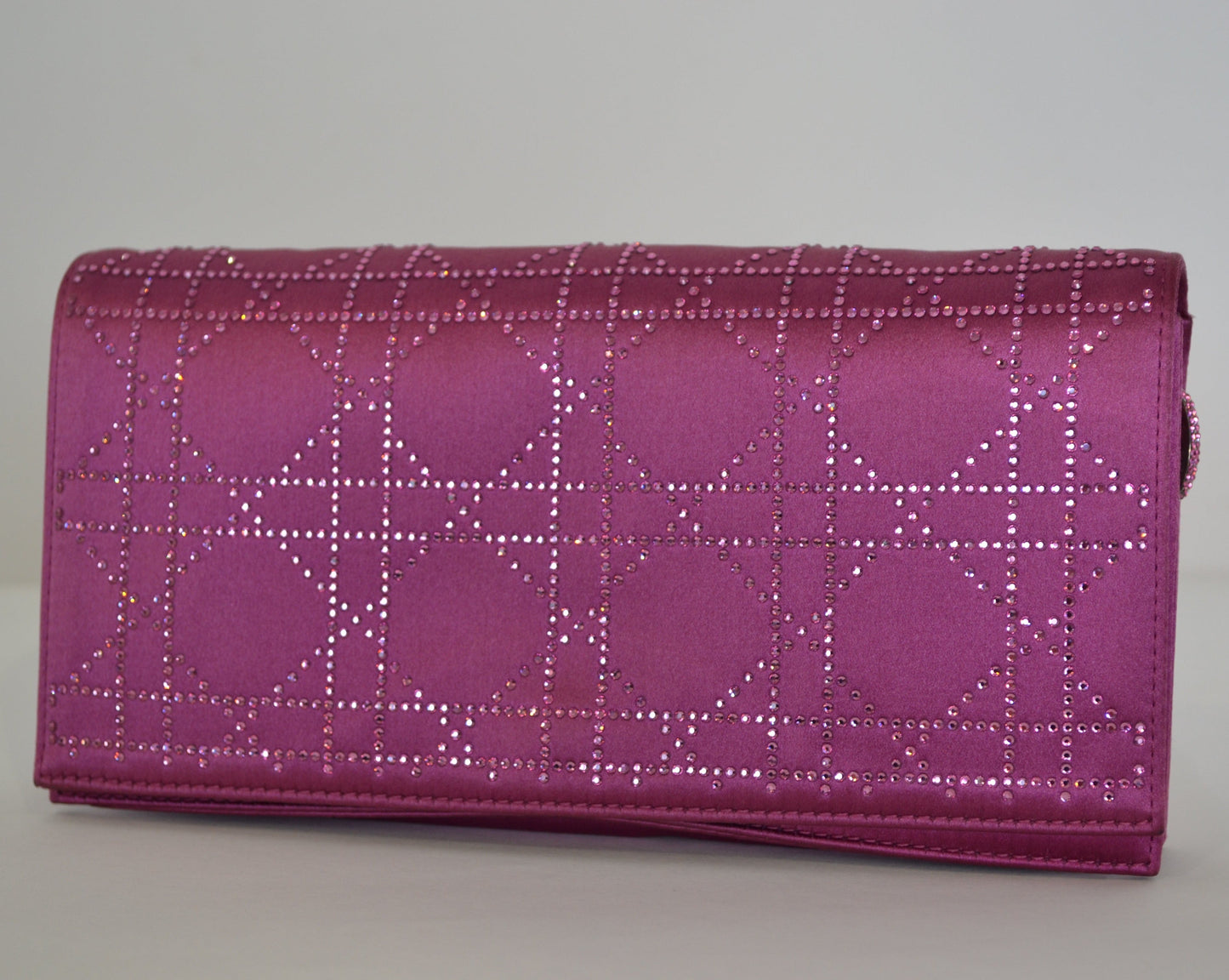 Christian Dior Burgundy Satin Clutch With Rhinestones And Thin Silver Chain
