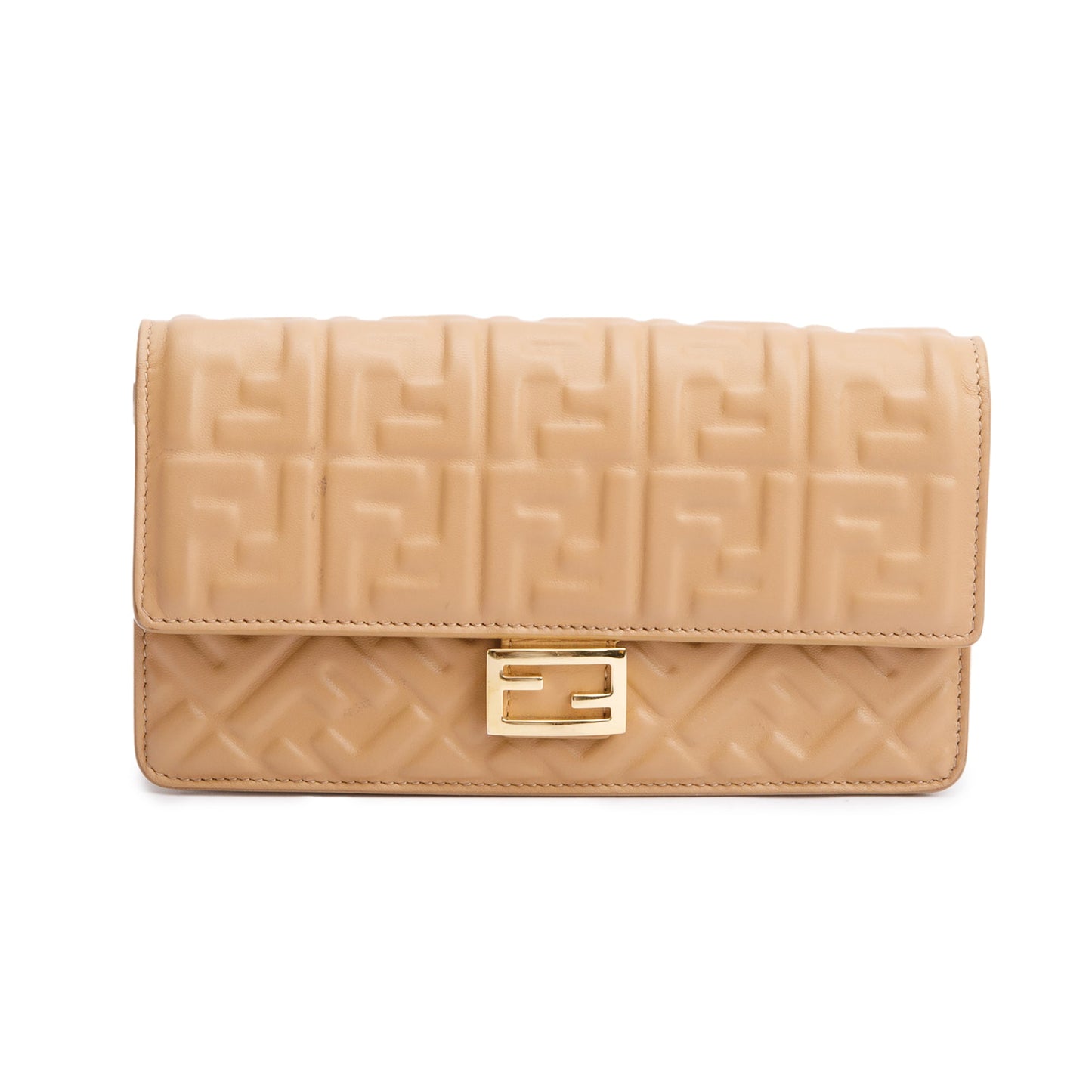 Fendi 2024 Beige FF Embossed Nappa Leather Baguette Wallet on Chain