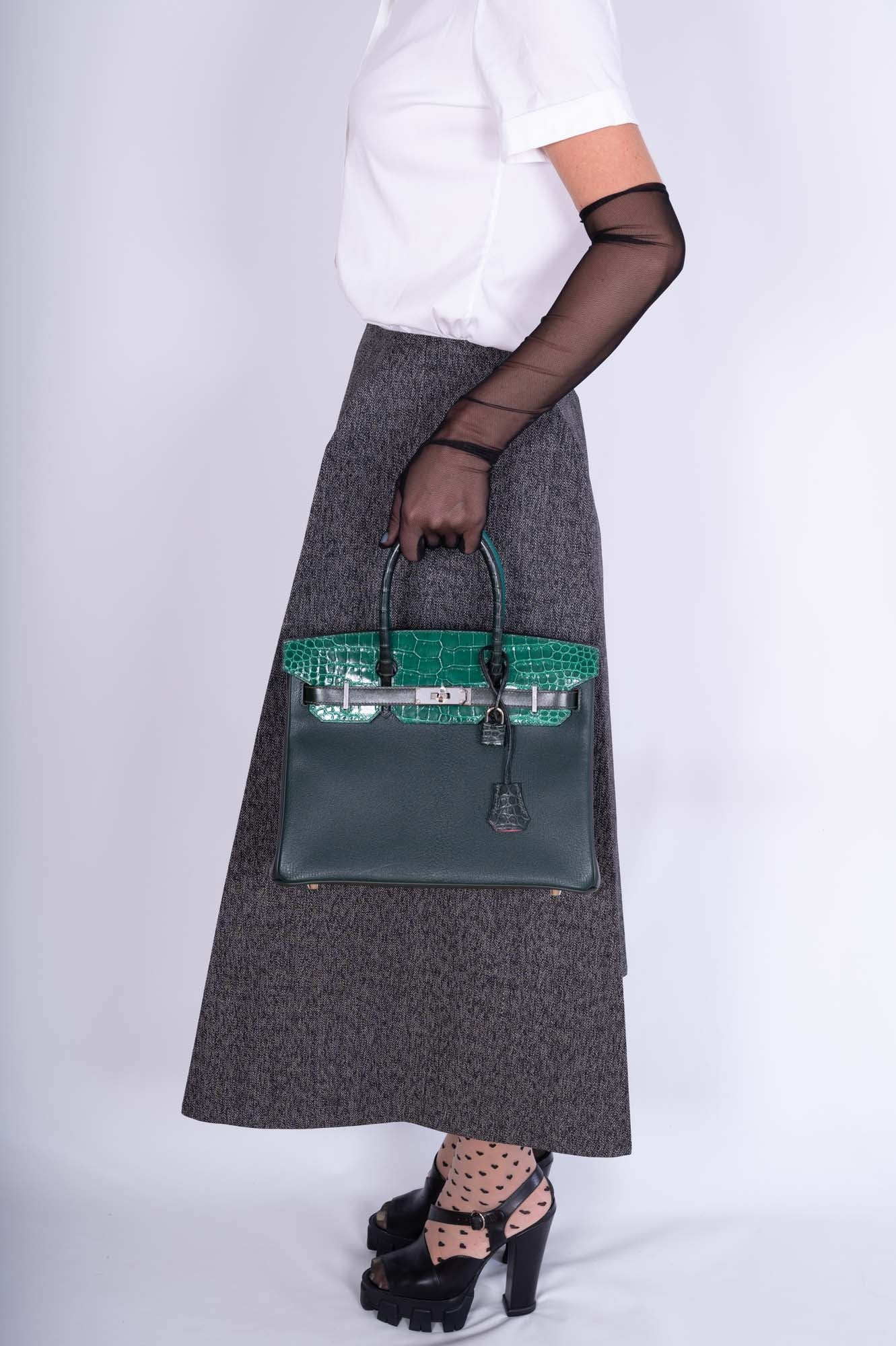 HermesBirkin 30 Vert Emeraude Porosus Crocodile, Vert Titien Multi-Leather & Rose Azalée Patchwork Palladium Hardware