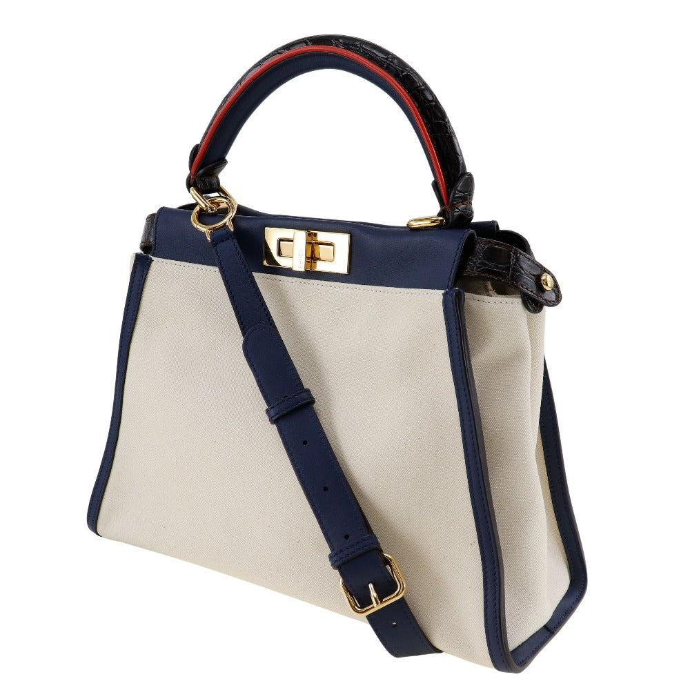 Fendi Logo Hardware Canvas Leather Handbag