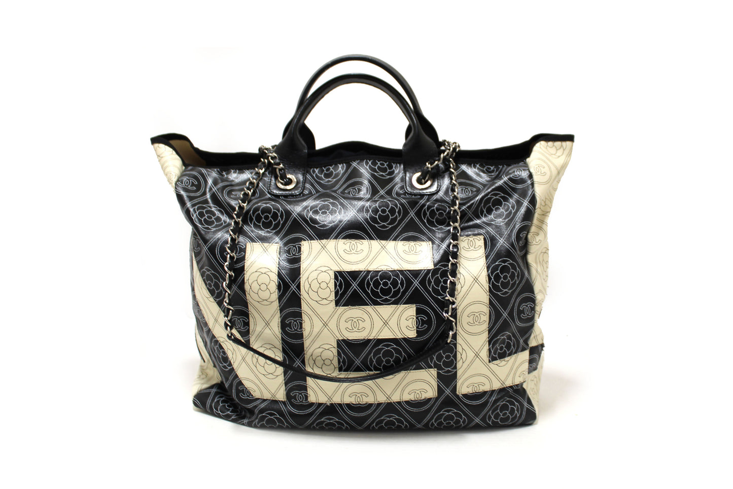 Chanel Black and Beige Coated Canvas Camellia Flower Tote Bag