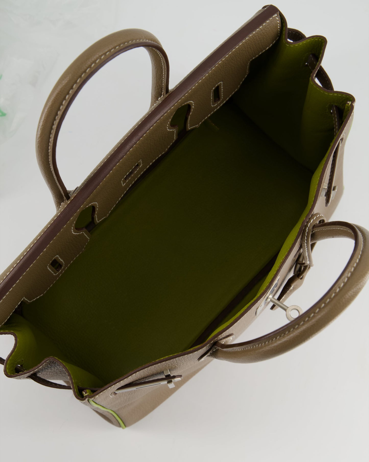 Hermes HSS Birkin 30 Retourne Bag in Etoupe & Vert Anis Chèvre Mysore with Brushed Palladium Hardware
