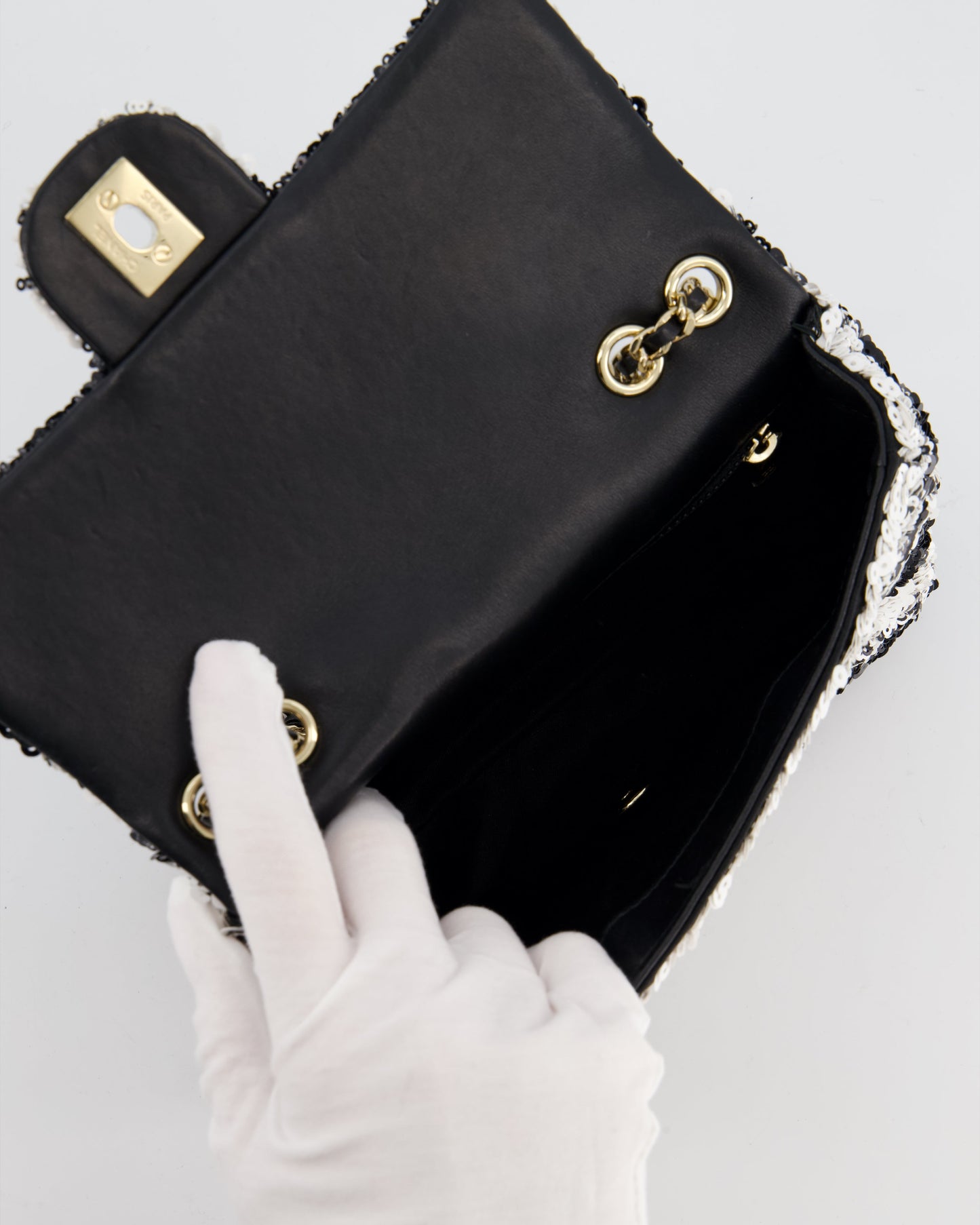 *HOT* Chanel Black and White Stripe Sequin Coco Mark Single Flap Bag with Champagne Gold Hardware