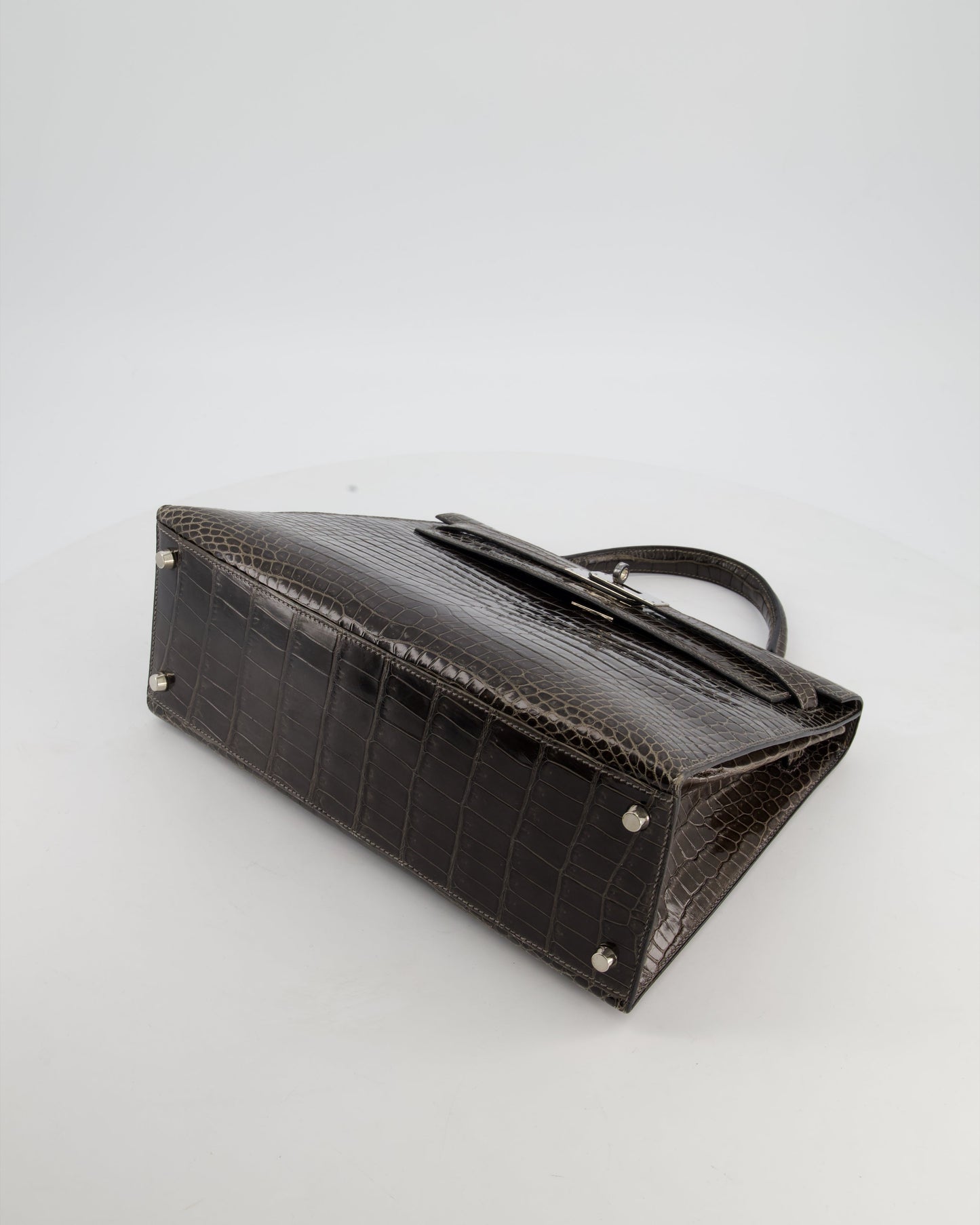 Hermes Vintage Kelly 32 Sellier Bag in Graphite Shiny Porosus Crocodile Leather with Palladium Hardware