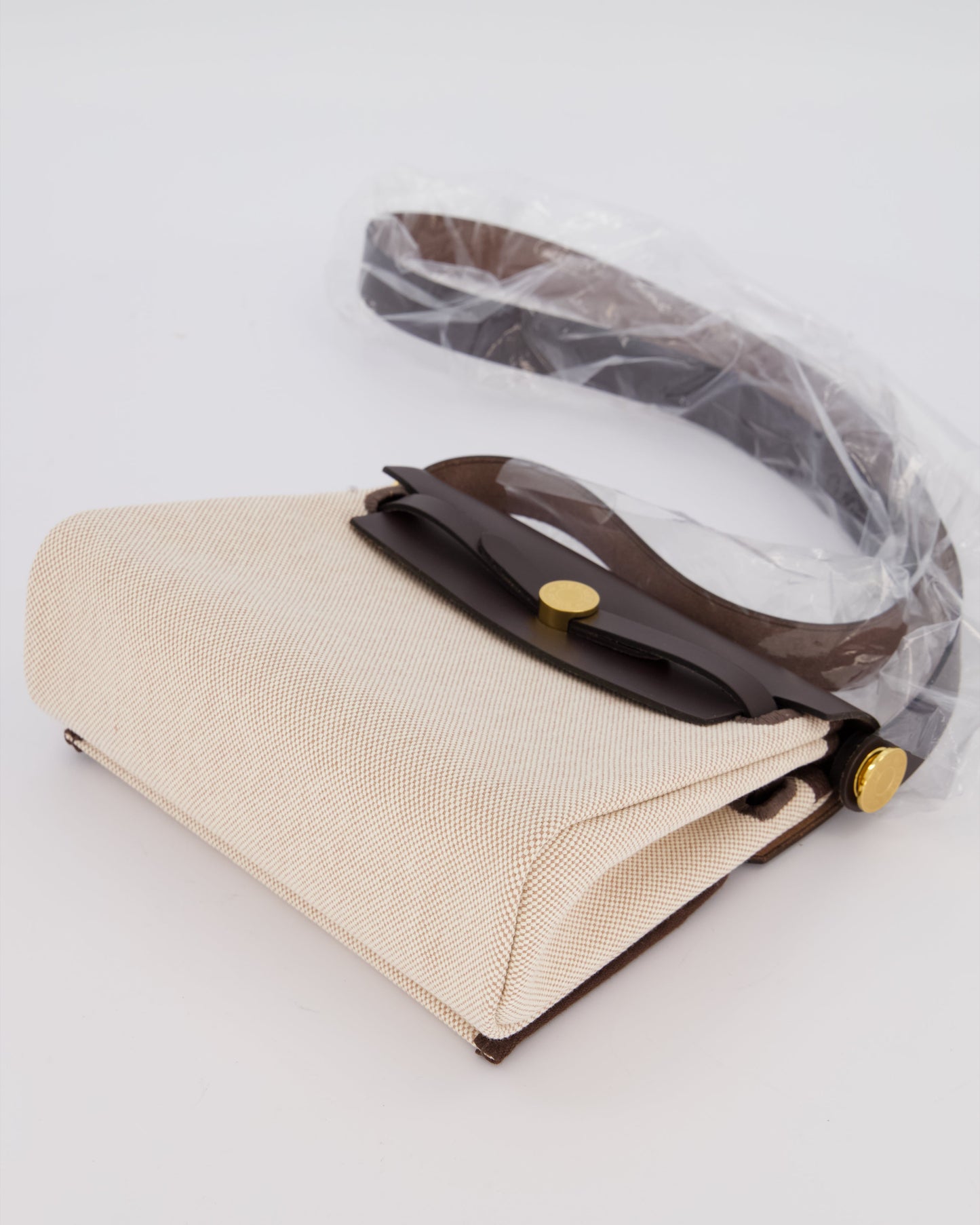 *HOT & RARE* Hermes Mini Herbag Zip 20 Bag in Ebene Vache Hunter Leather & Ecru/Beige Viking Canvas with Gold Hardware