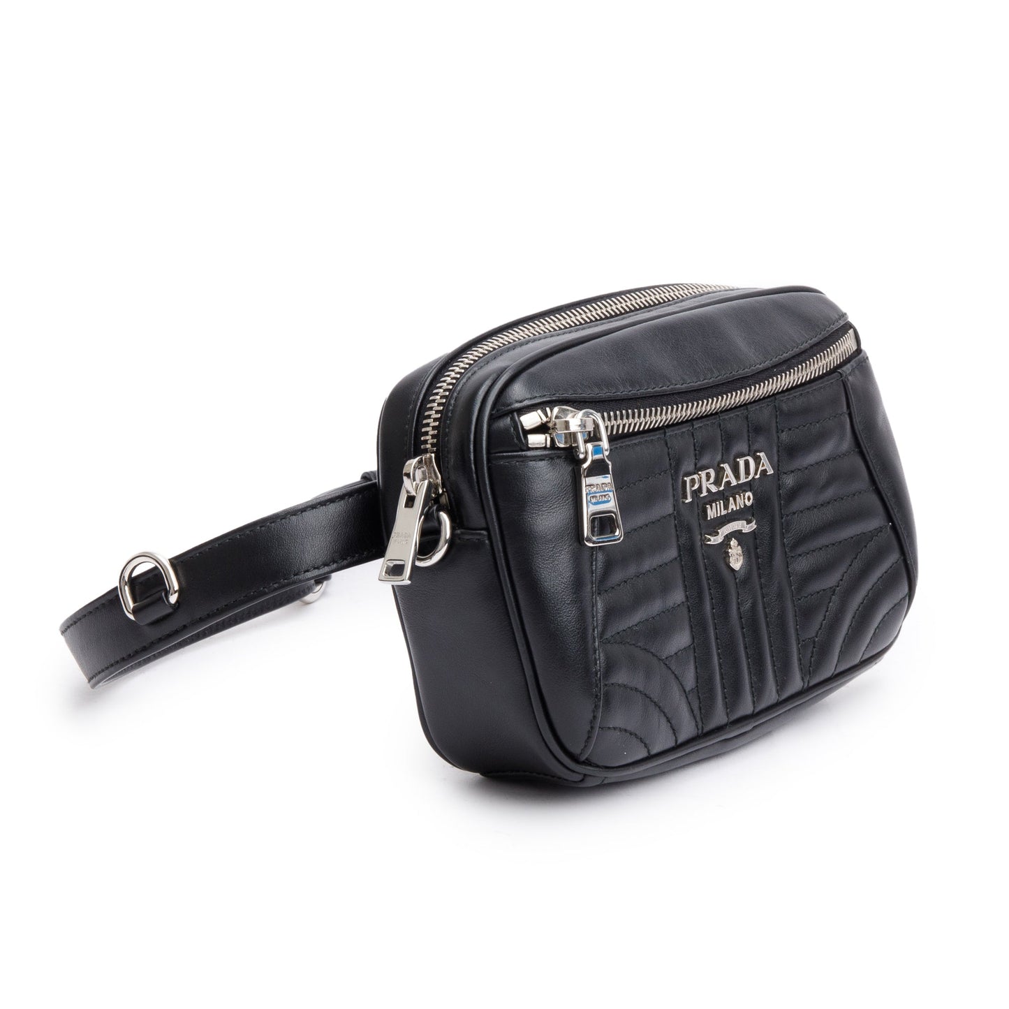 Prada Black Soft Calf Impuntu Logo Diagramme Camera Belt Bag