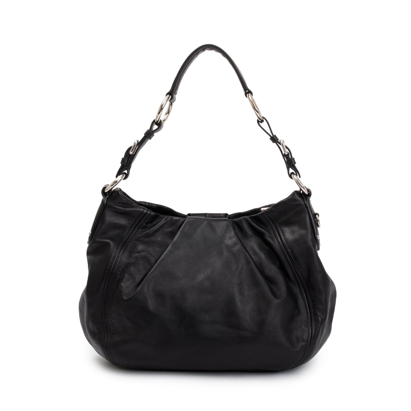 Prada Black Soft Calf Leather Pleated Hobo Bag