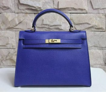 Luxury Hermes Kelly 32cm Epsom Leather Handbag Electric Blue Gold