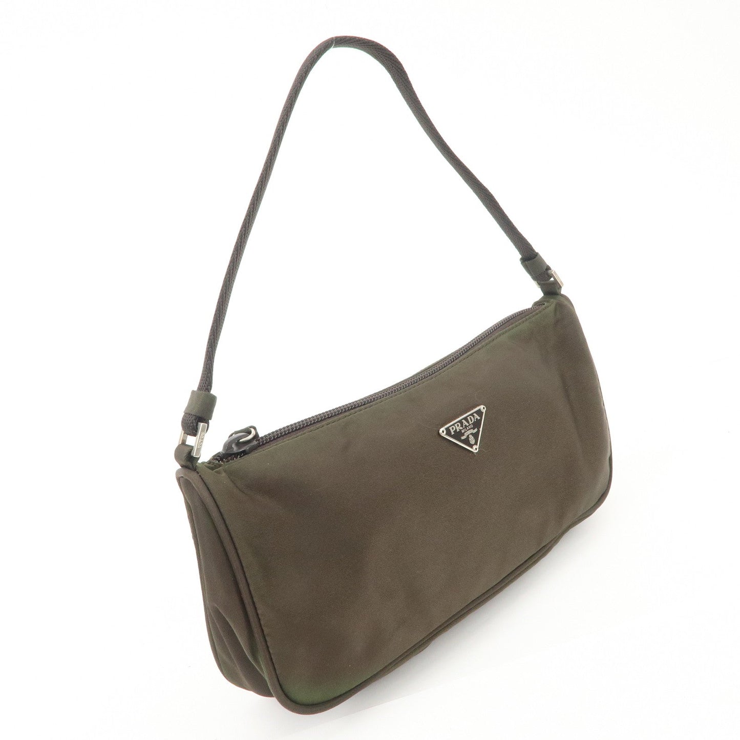 PRADA Triangle Logo Nylon Leather Accessory Pouch Hand Bag Khaki Silver HDW