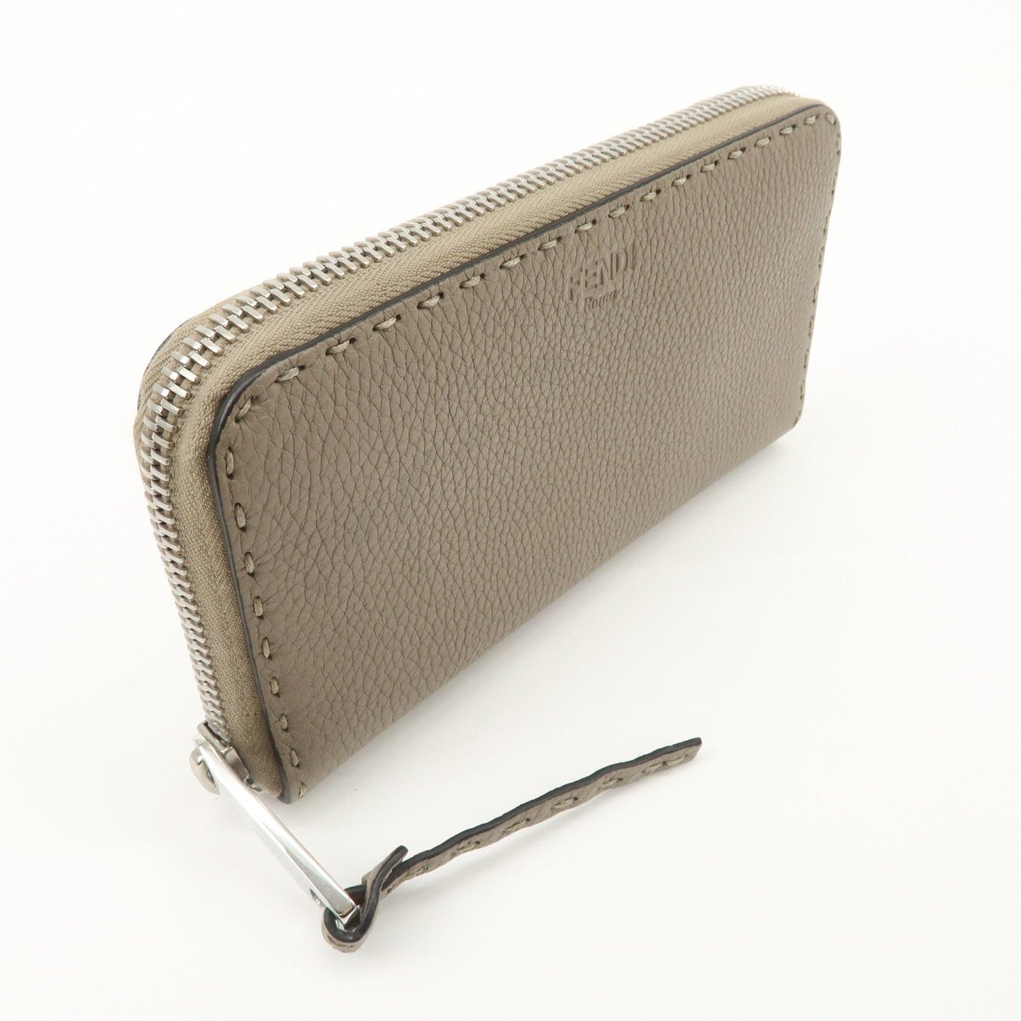 FENDI Selleria Leather Zip Around Long Wallet Greige 8M0374