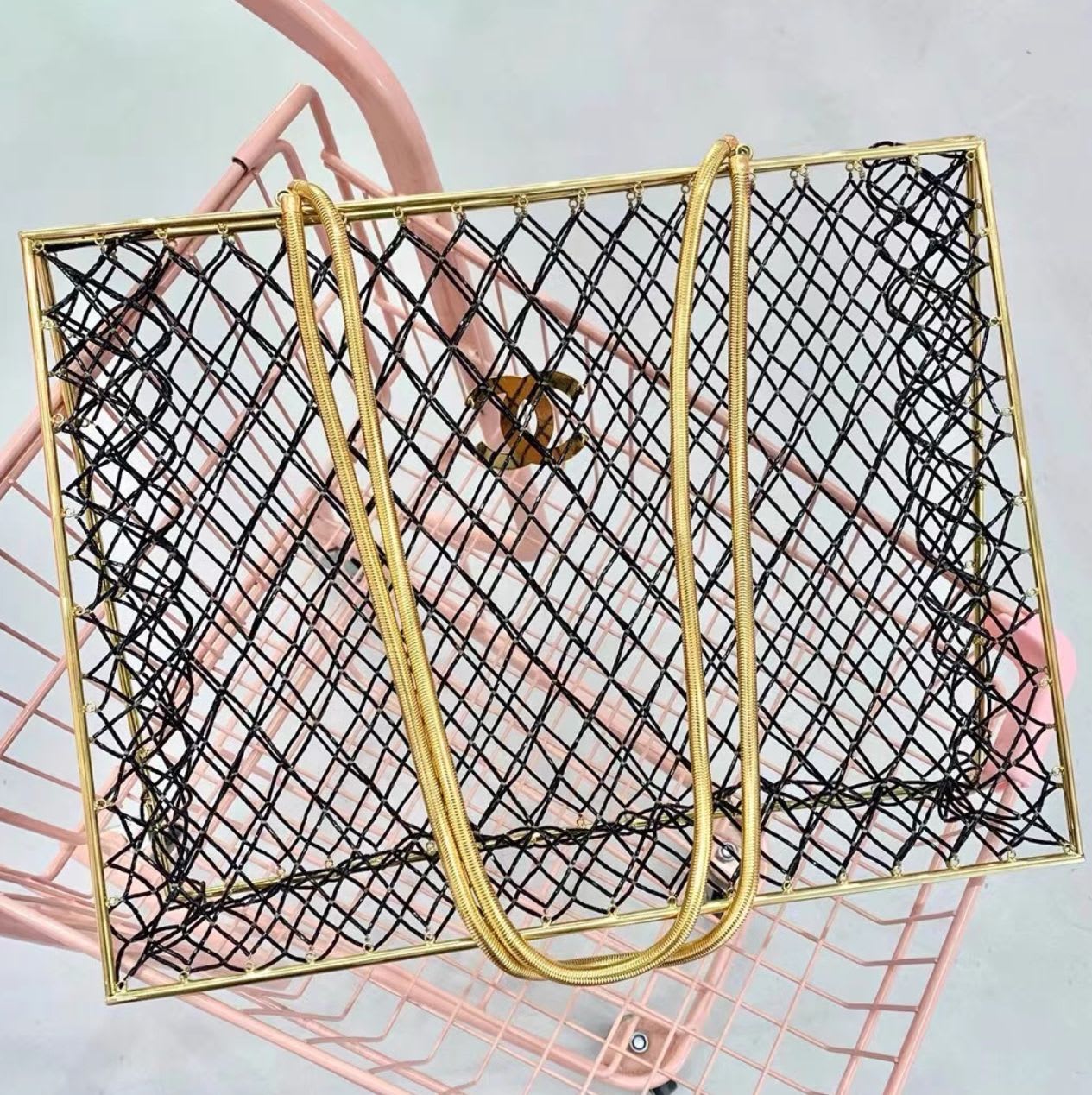 Chanel Rare Spring 1997 Runway Gold Cage Large Shopping Tote Bag