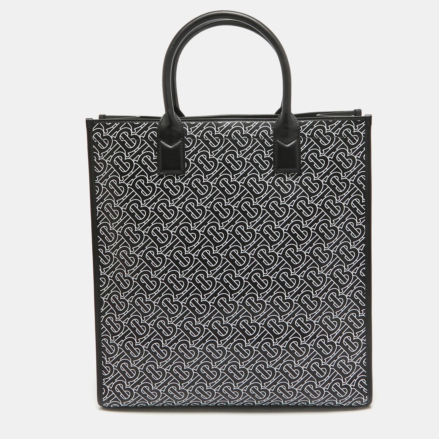 BURBERRY Black/White TB Logo Leather Vertical Danny Tote