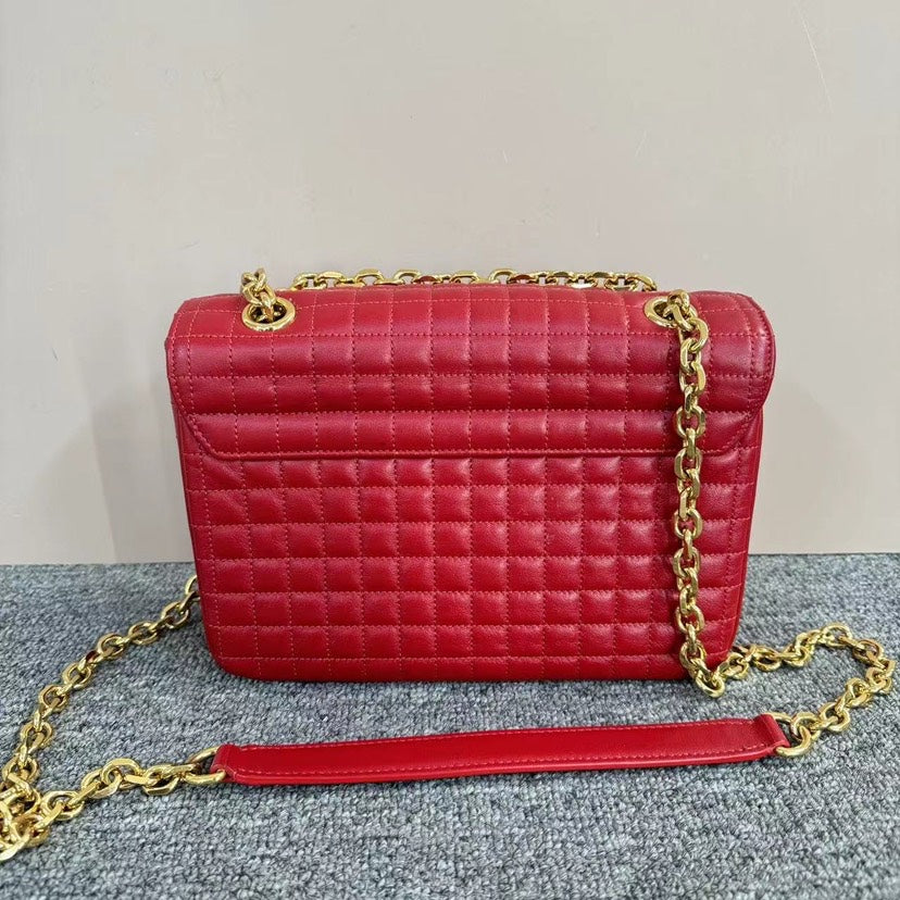 Luxury CELINE Classic Red Quilted Leather Chain Shoulder Bag Medium