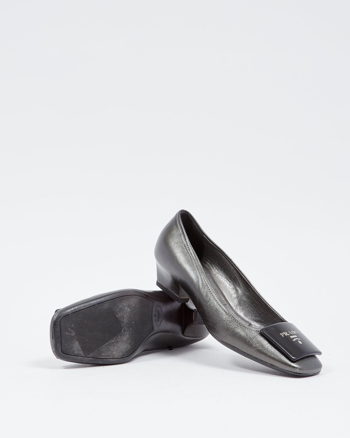 Prada Metallic Grey Kitten Block Heel Pumps - 37.5