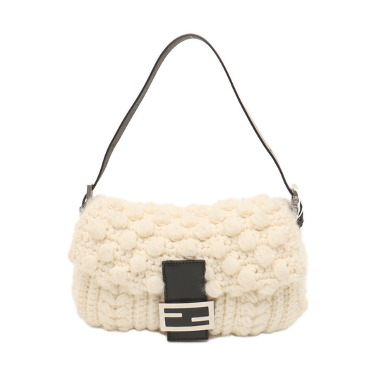 Fendi Baguette Bag White Crochet Knit Wool Pompom Shoulder Bag