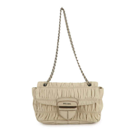 PRADA Leather Gathered Chain Shoulder Bag Ivory B4695C