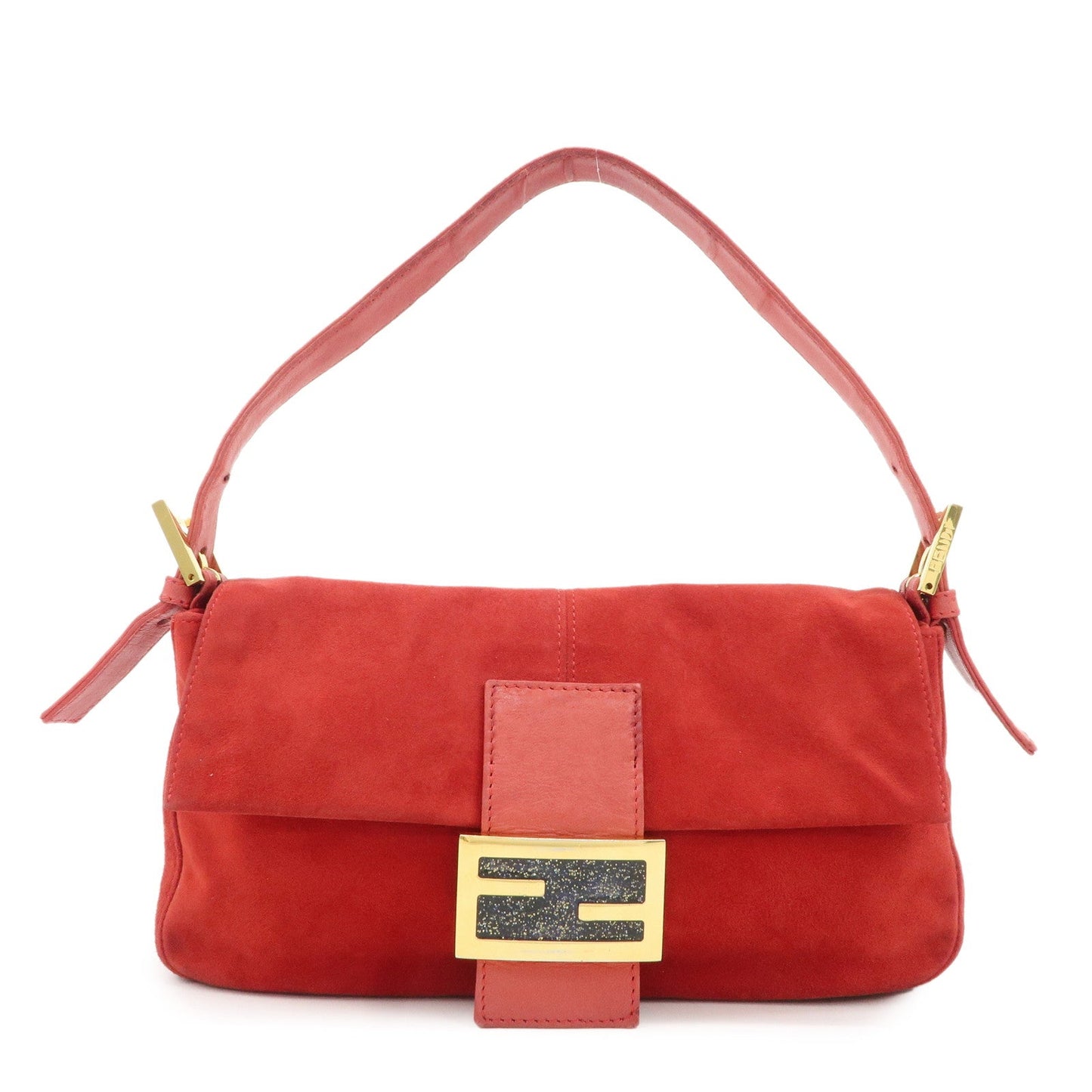 FENDI Mamma Baguette Suede Leather Shoulder Bag Red 26424