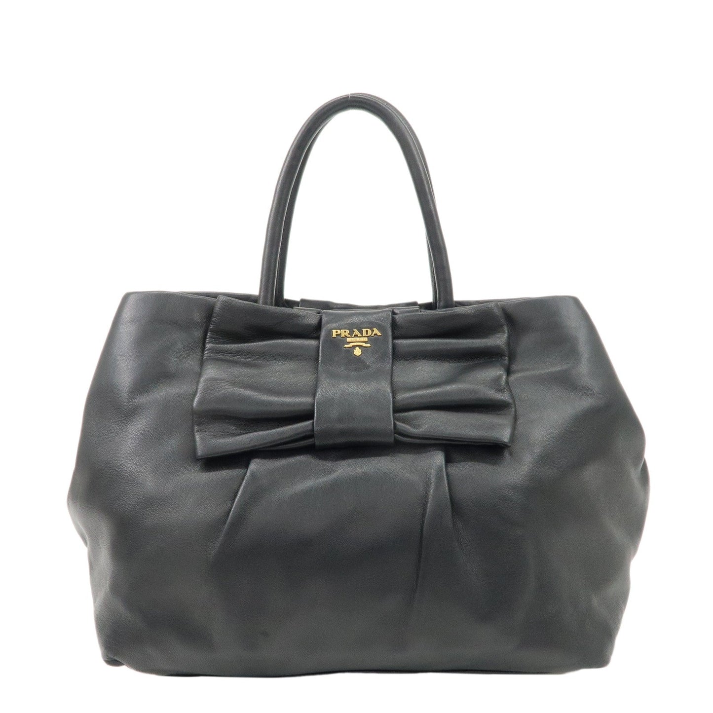 PRADA Leather Ribbon Tote Bag Hand Bag NERO Black BN1601