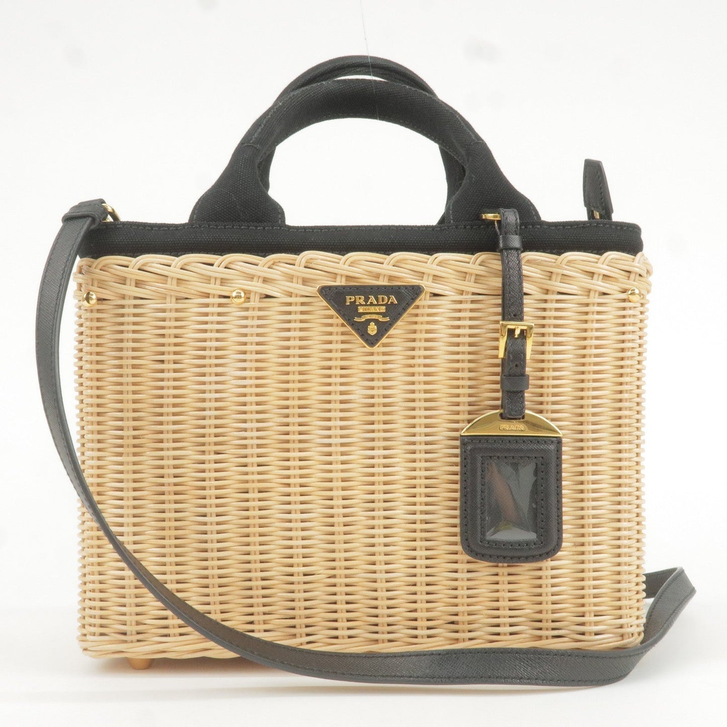 PRADA Wicker Canvas 2Way Basket Bag Hand Bag Black