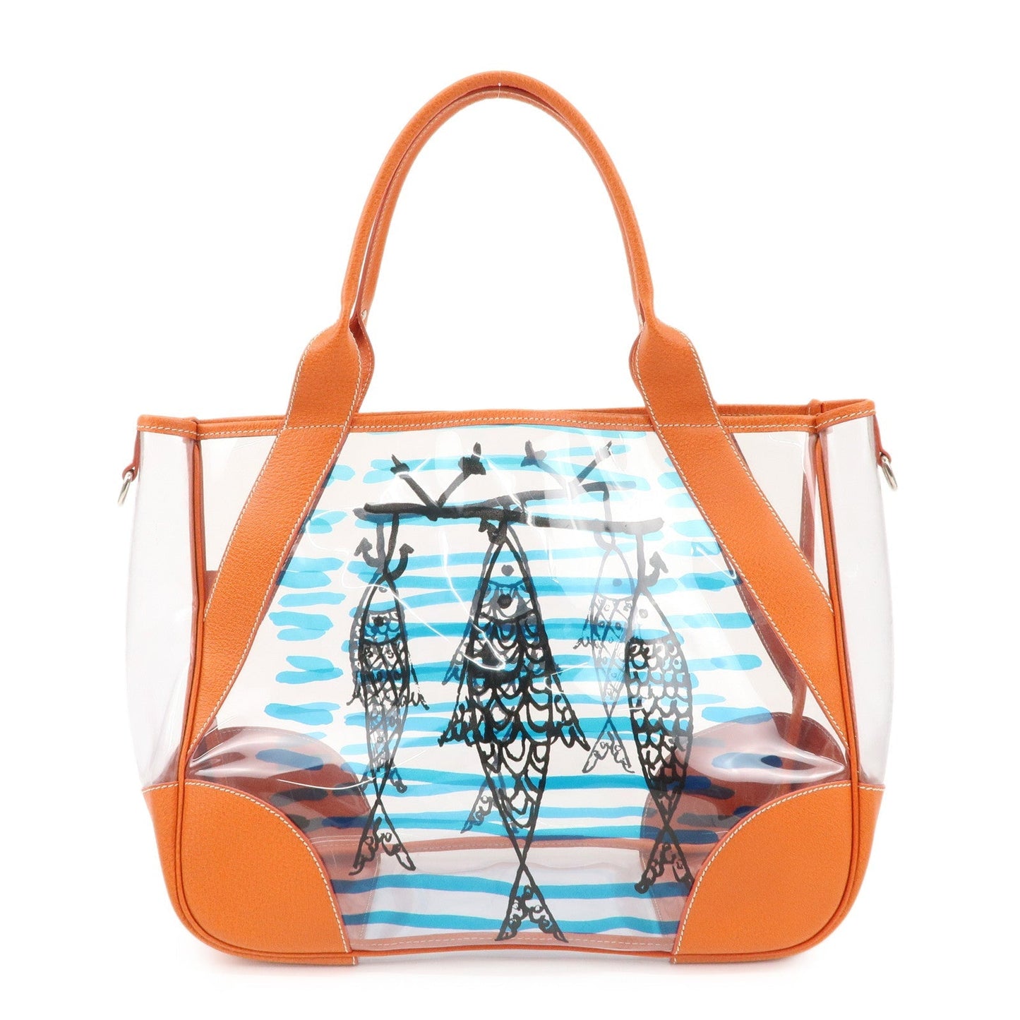 PRADA PVC Leather Fish Print Clear Tote Bag Orange BR3020