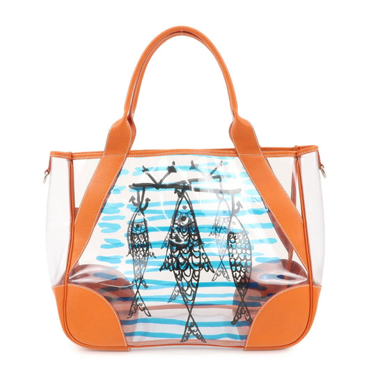 PRADA PVC Leather Fish Print Clear Tote Bag Orange BR3020